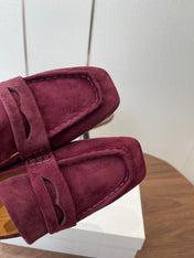 THE ROW 26S SQUARE TOE LOAFERS IN BURGUNDY RED SUEDE