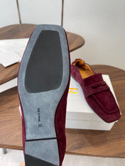 THE ROW 26S SQUARE TOE LOAFERS IN BURGUNDY RED SUEDE