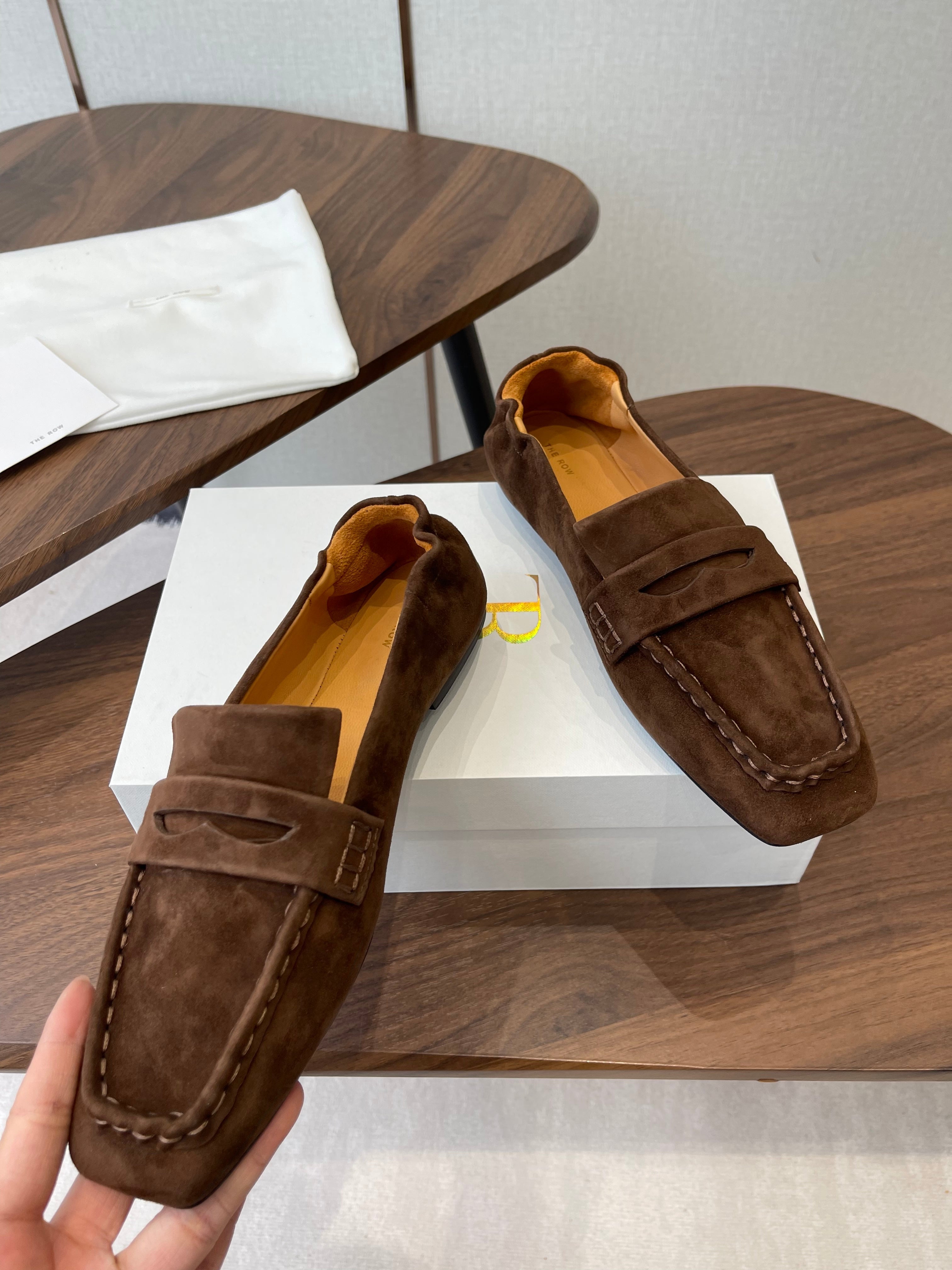 THE ROW 26S SQUARE TOE LOAFERS IN DARK BROWN SUEDE