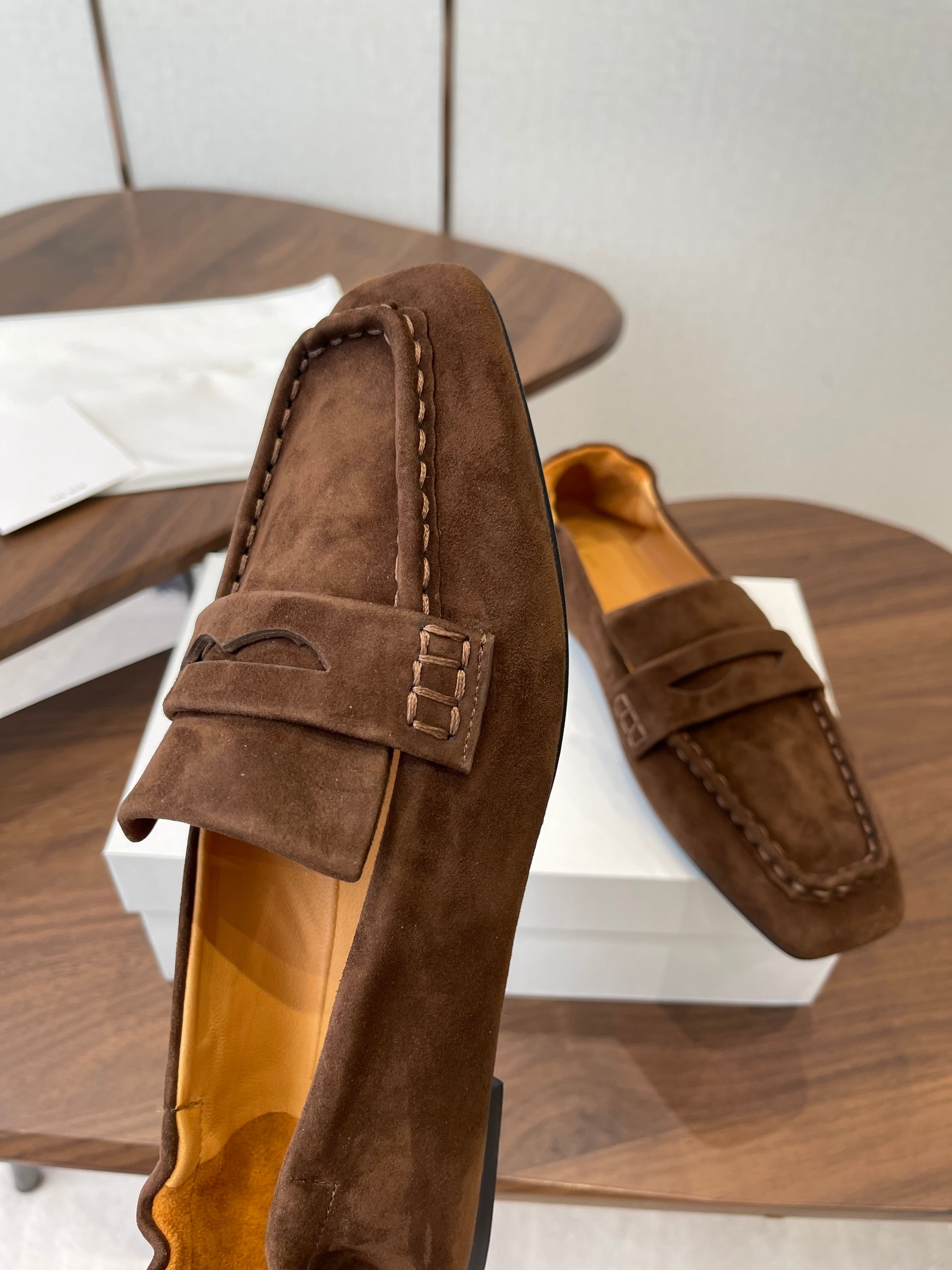 THE ROW 26S SQUARE TOE LOAFERS IN DARK BROWN SUEDE