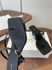 THE ROW 26S SQUARE TOE THONG HEELS IN BLACK CALFSKIN