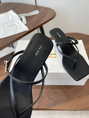 THE ROW 26S SQUARE TOE THONG HEELS IN BLACK CALFSKIN