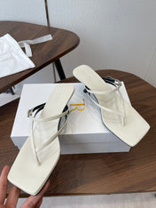 THE ROW 26S SQUARE TOE THONG HEELS IN IVORY WHITE CALFSKIN