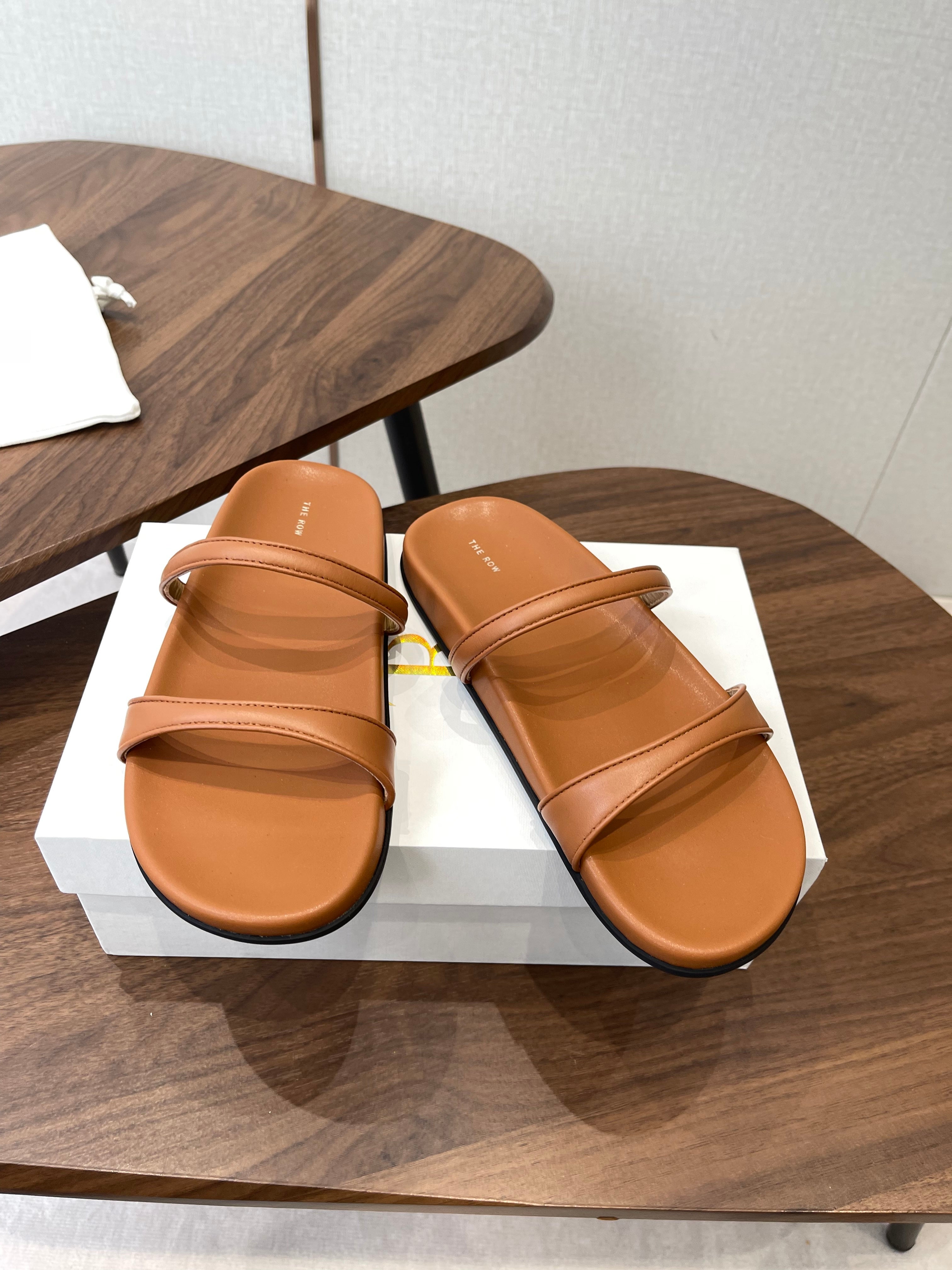 THE ROW 26S DOUBLE STRAP FLAT SANDALS IN CARAMEL BROWN CALFSKIN