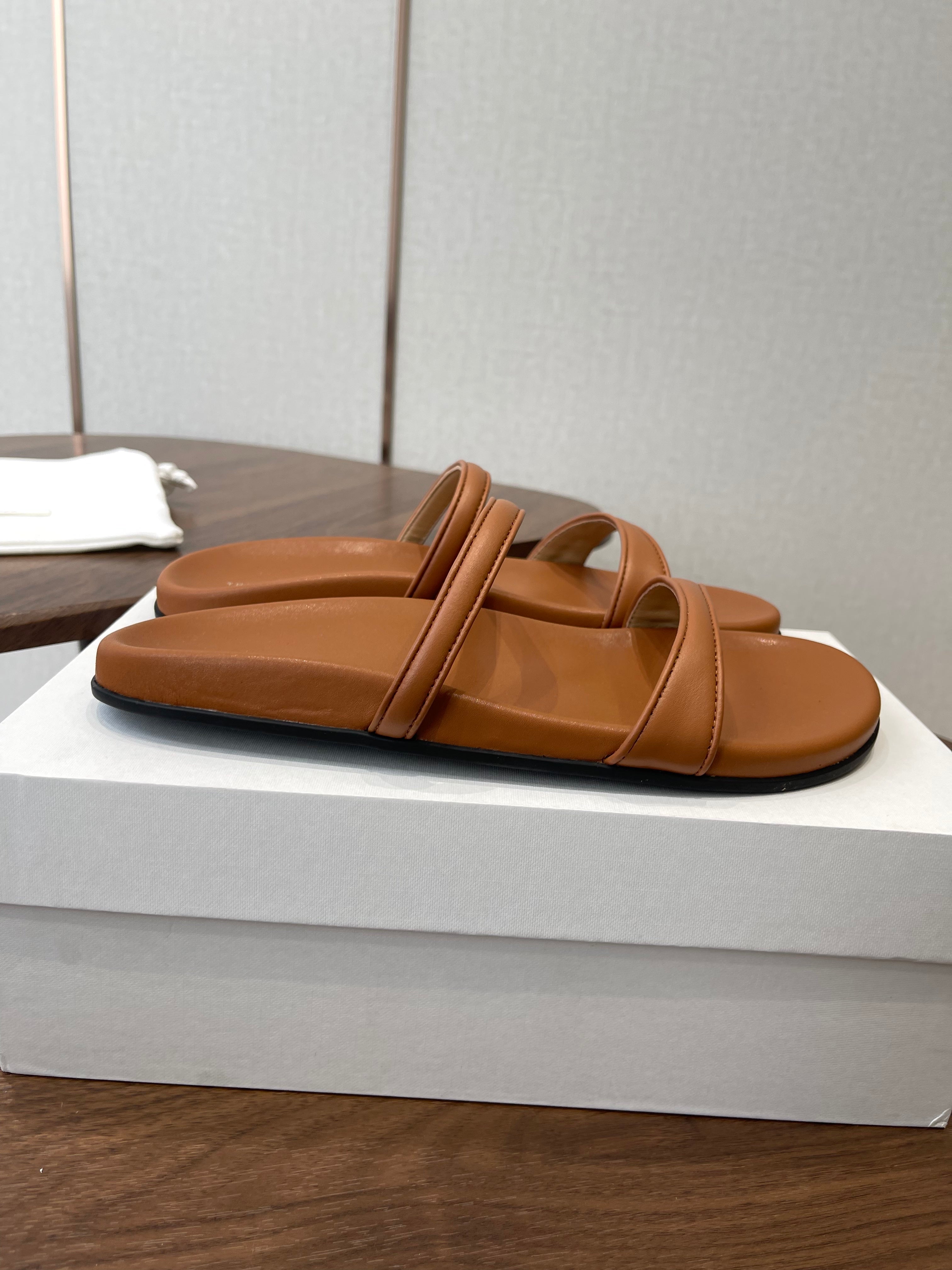 THE ROW 26S DOUBLE STRAP FLAT SANDALS IN CARAMEL BROWN CALFSKIN