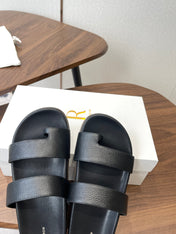 THE ROW 26S DOUBLE STRAP TOE LOOP SLIDE SANDALS IN BLACK CALFSKIN