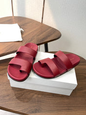 THE ROW 26S DOUBLE STRAP TOE LOOP SLIDE SANDALS IN DARK RED CALFSKIN