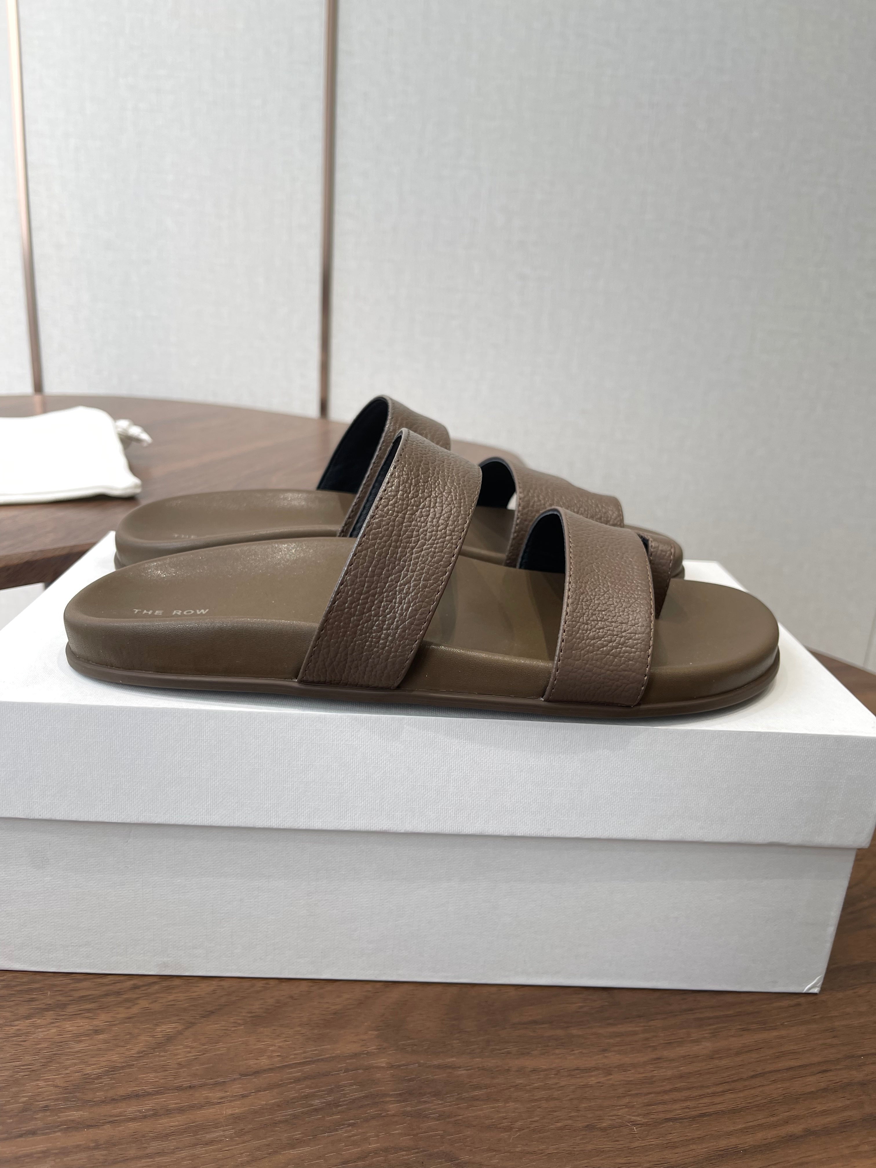 THE ROW 26S DOUBLE STRAP TOE LOOP SLIDE SANDALS IN BROWN CALFSKIN
