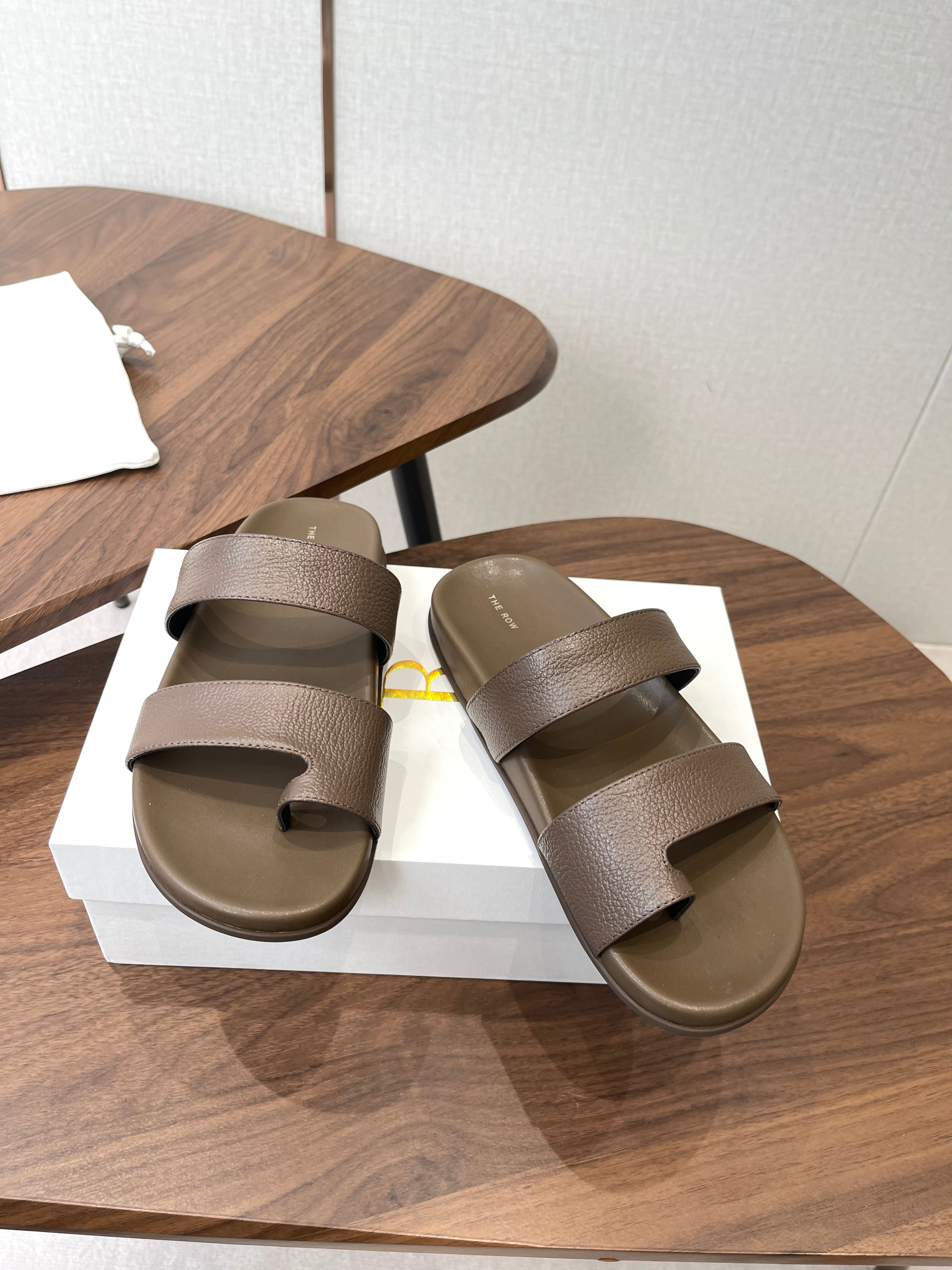 THE ROW 26S DOUBLE STRAP TOE LOOP SLIDE SANDALS IN BROWN CALFSKIN
