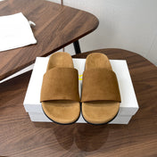THE ROW 26S SLIDE SANDALS IN GOLD BROWN SUEDE