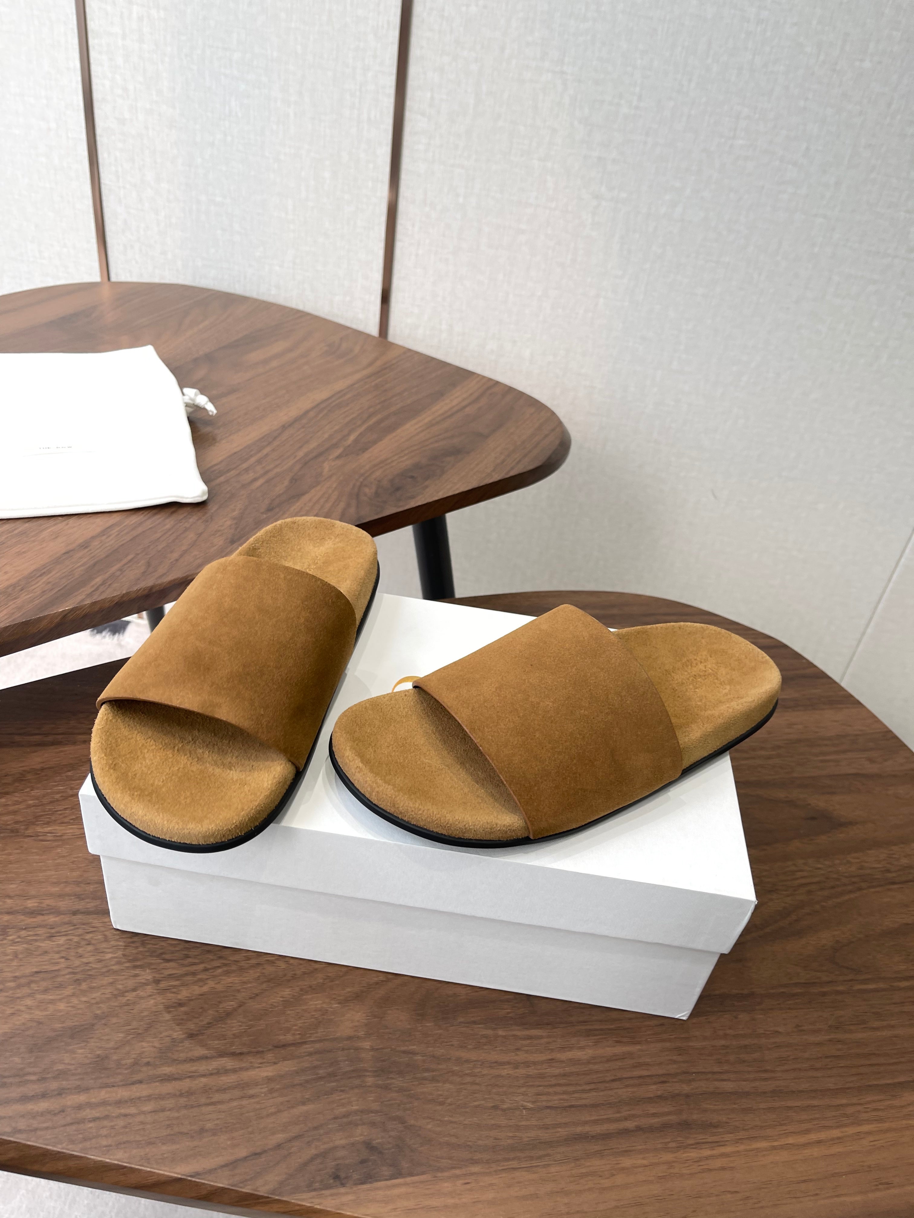 THE ROW 26S SLIDE SANDALS IN GOLD BROWN SUEDE