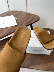THE ROW 26S SLIDE SANDALS IN GOLD BROWN SUEDE