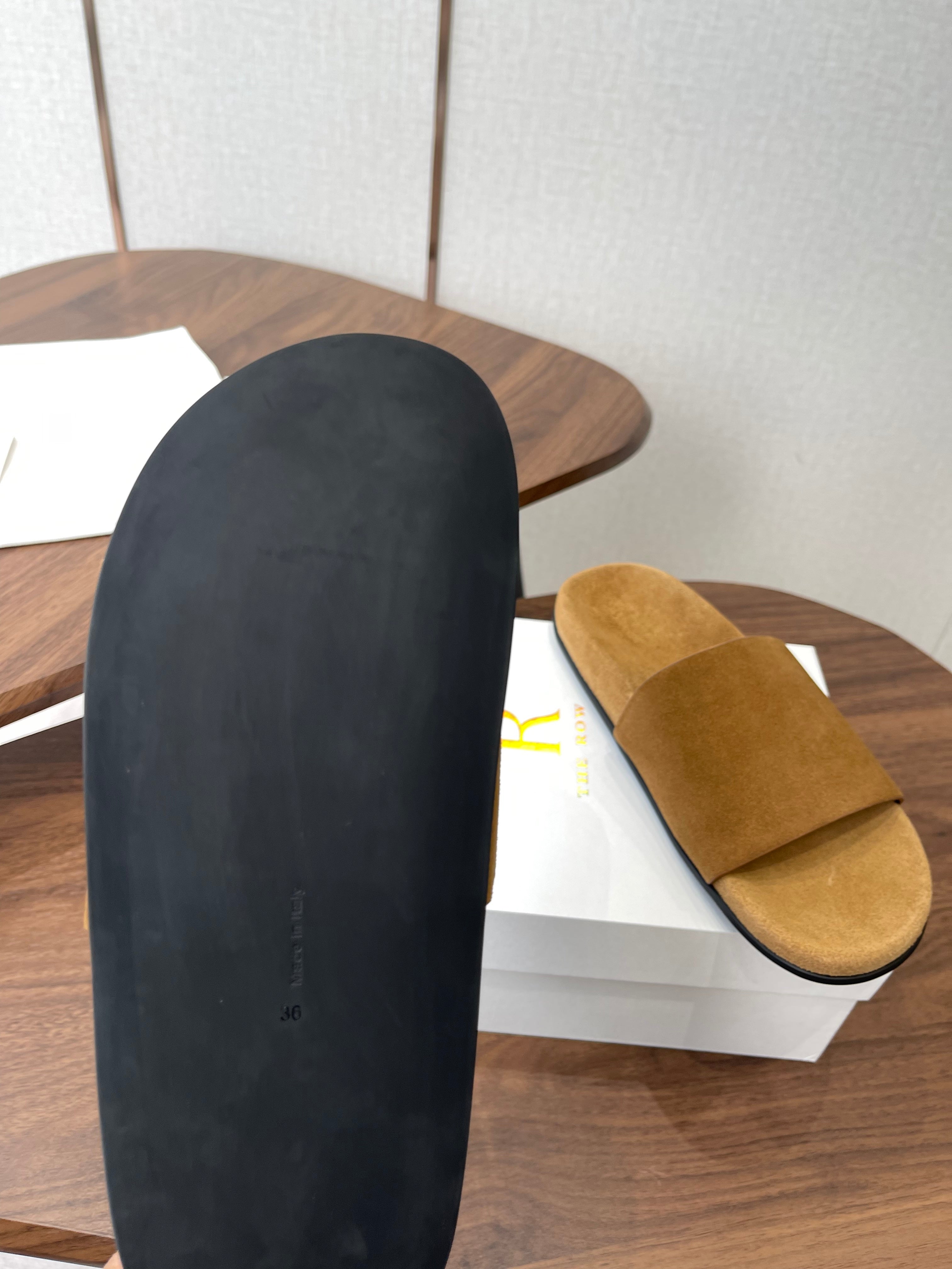 THE ROW 26S SLIDE SANDALS IN GOLD BROWN SUEDE