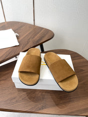 THE ROW 26S SLIDE SANDALS IN GOLD BROWN SUEDE