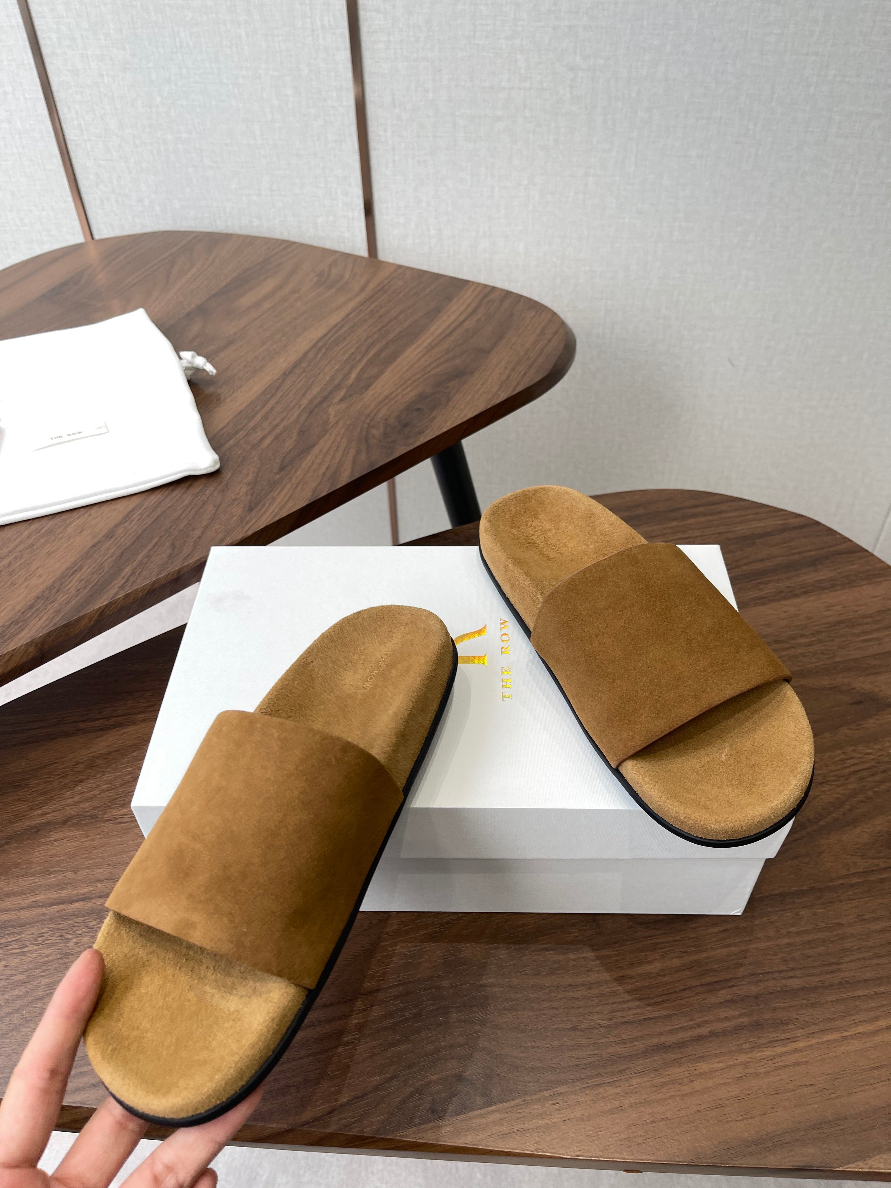 THE ROW 26S SLIDE SANDALS IN GOLD BROWN SUEDE