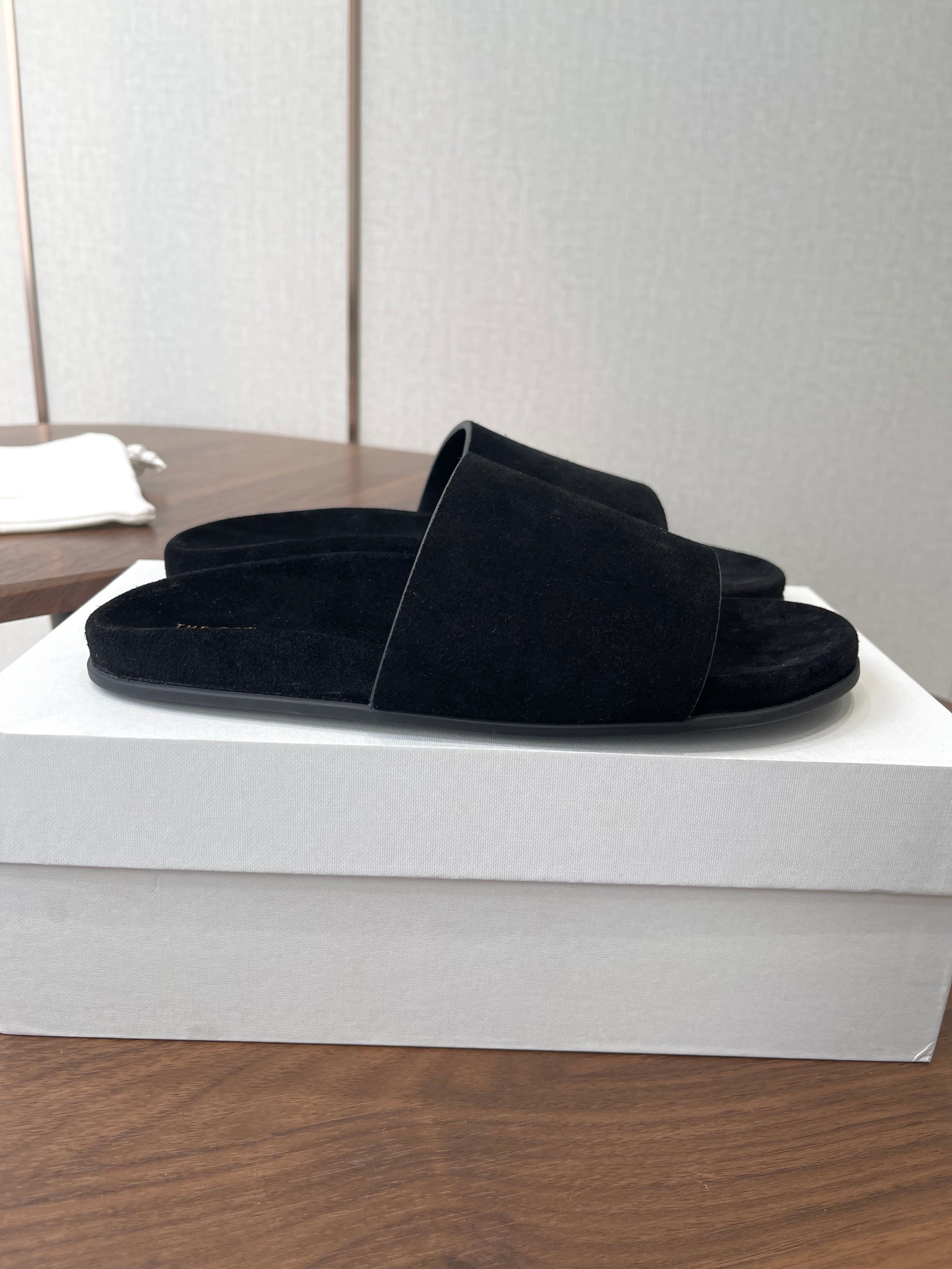 THE ROW 26S SLIDE SANDALS IN BLACK SUEDE
