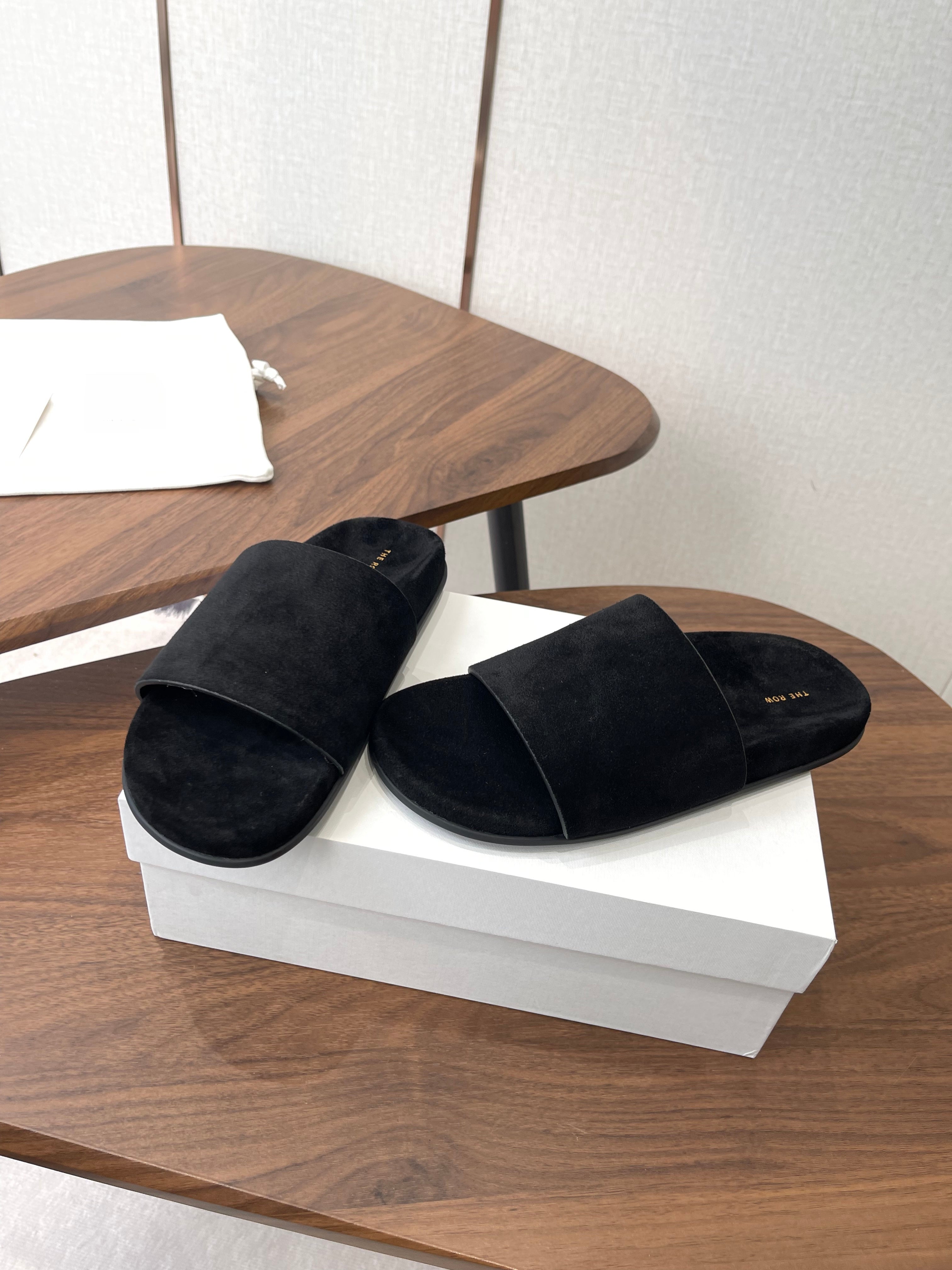 THE ROW 26S SLIDE SANDALS IN BLACK SUEDE