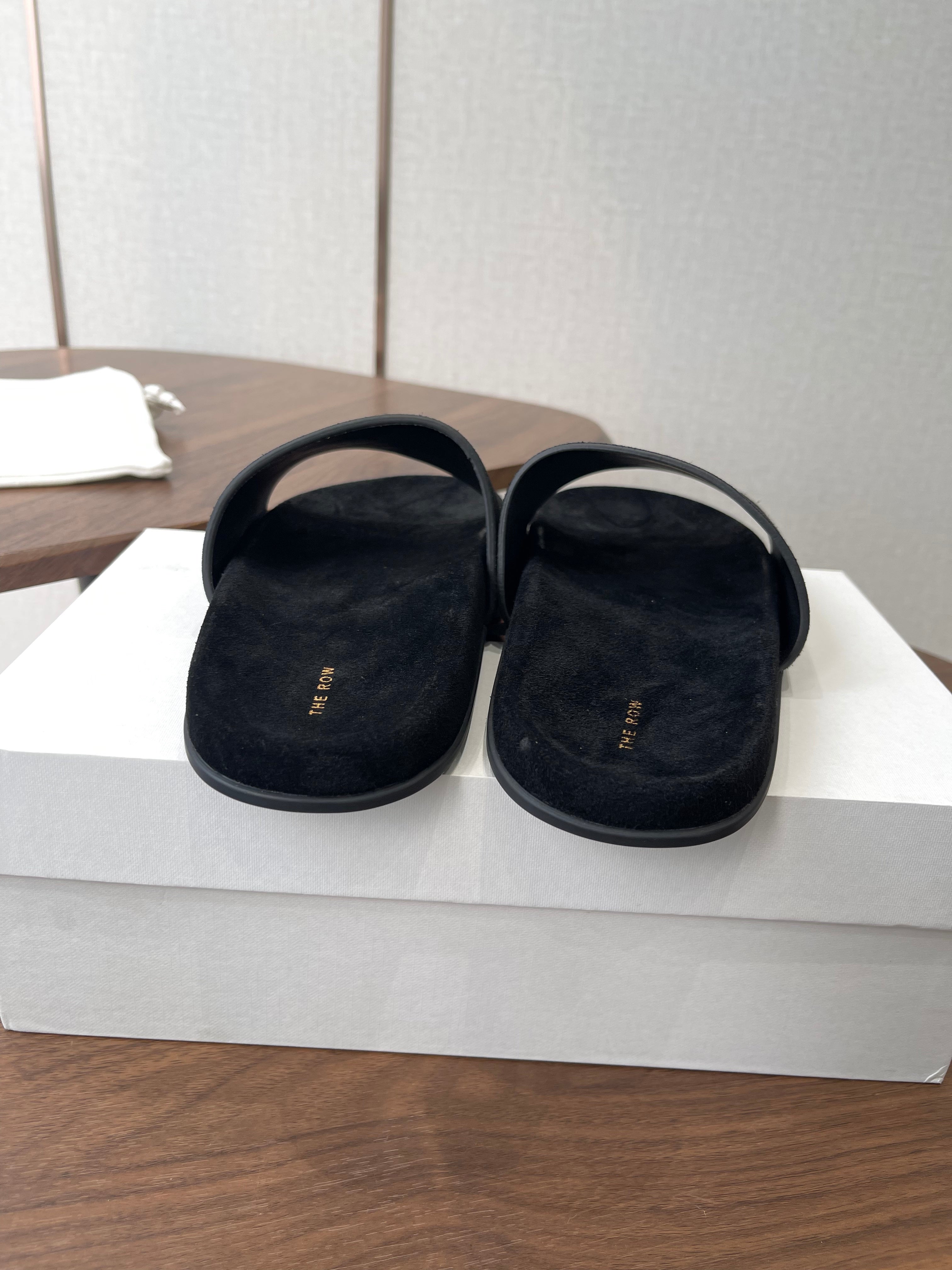 THE ROW 26S SLIDE SANDALS IN BLACK SUEDE