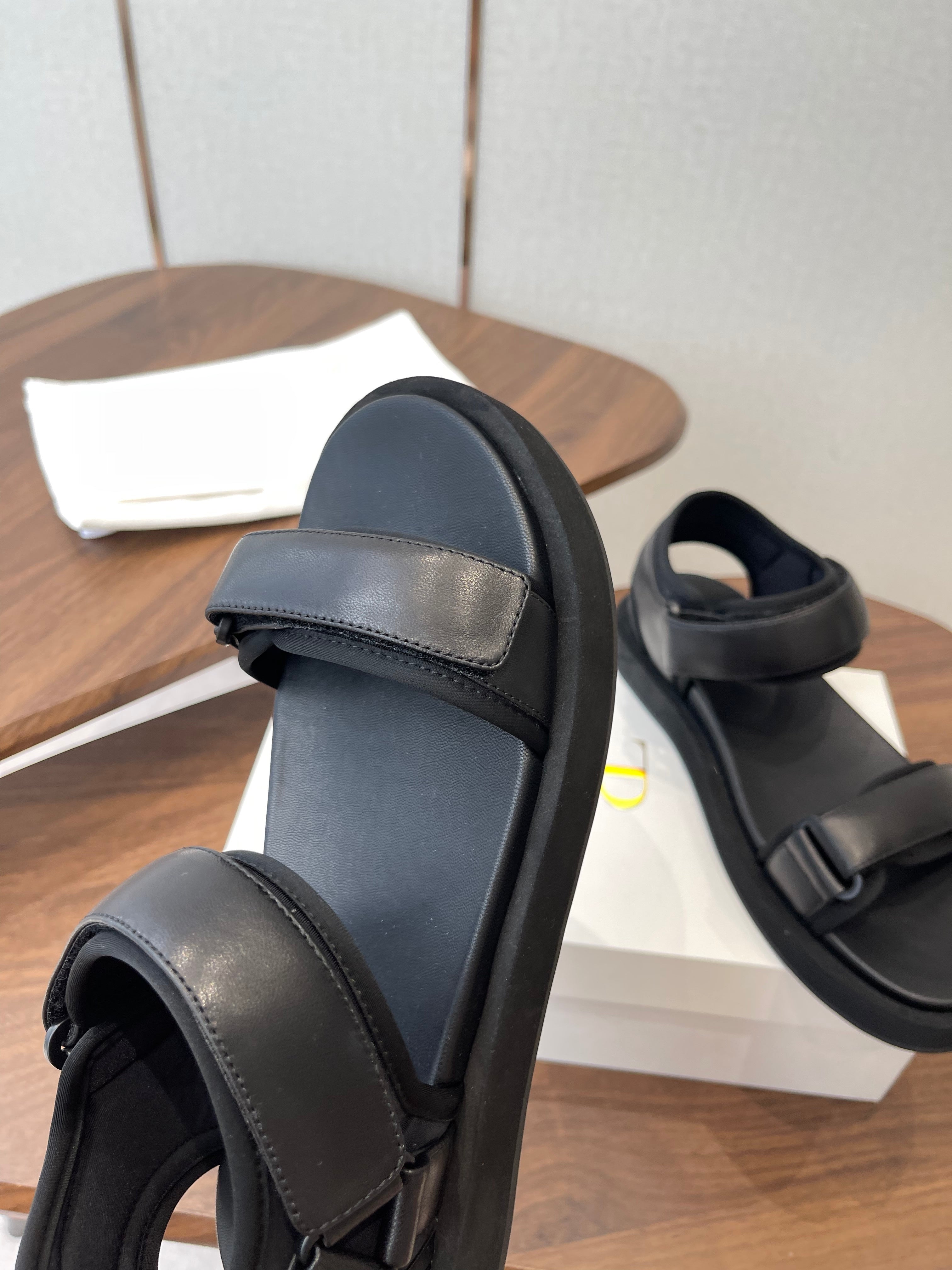 THE ROW 26S DOUBLE STRAP SANDALS IN BLACK CALFSKIN