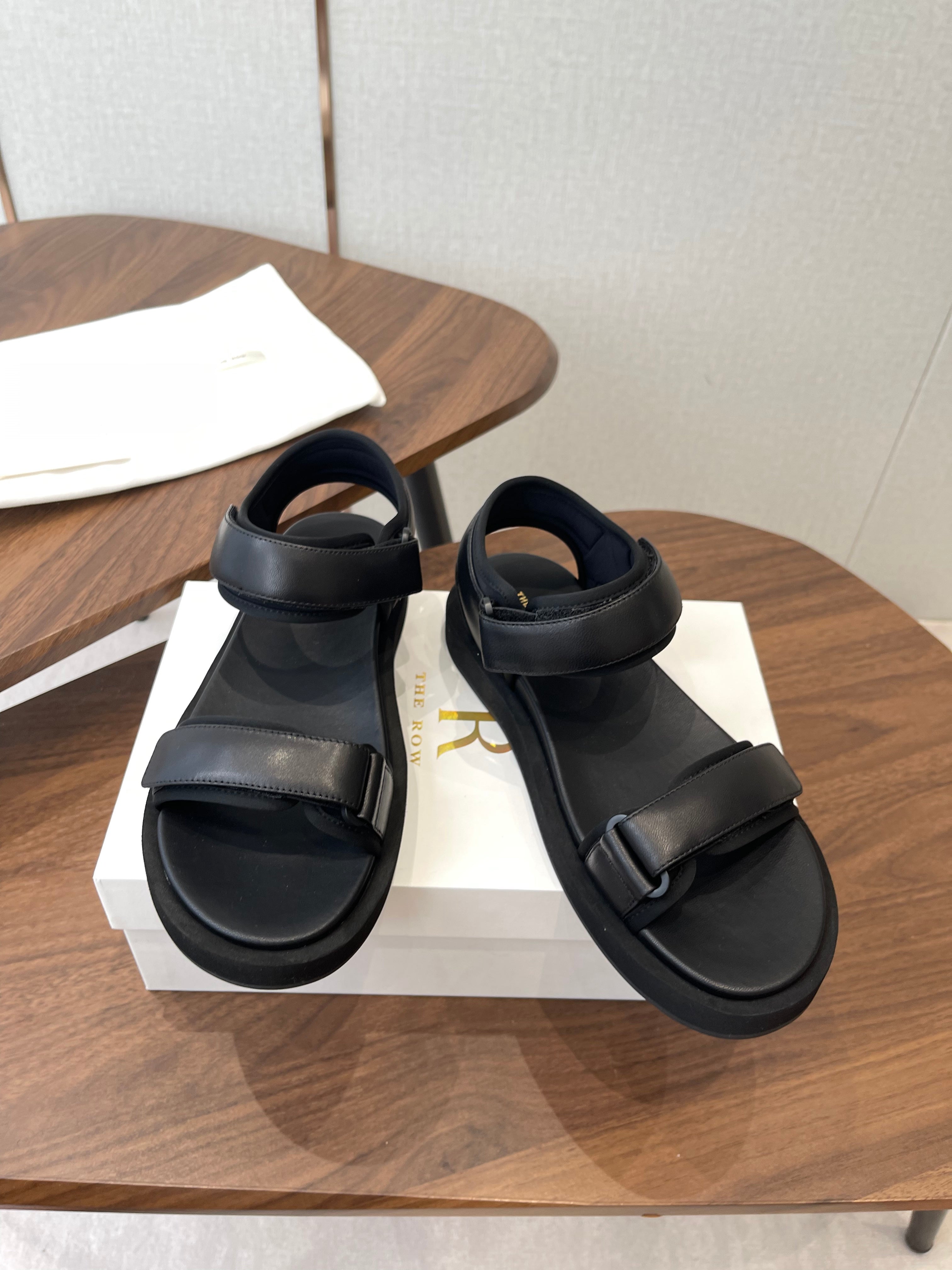 THE ROW 26S DOUBLE STRAP SANDALS IN BLACK CALFSKIN