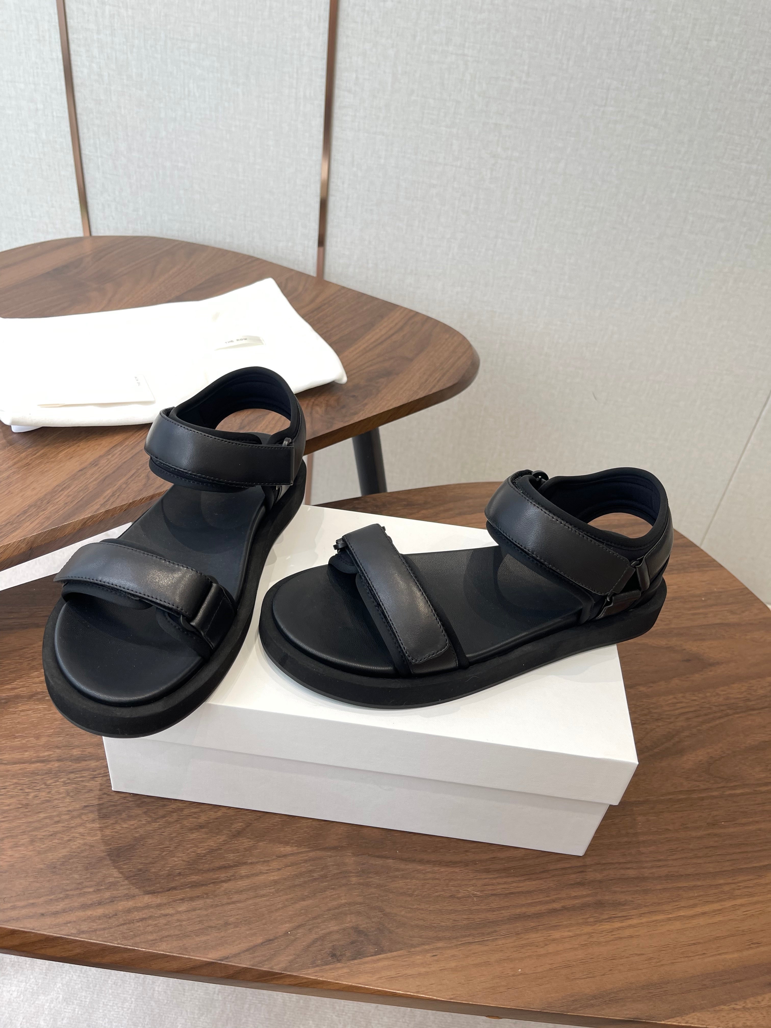THE ROW 26S DOUBLE STRAP SANDALS IN BLACK CALFSKIN