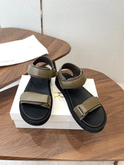 THE ROW 26S DOUBLE STRAP SANDALS IN OLIVE GREEN CALFSKIN