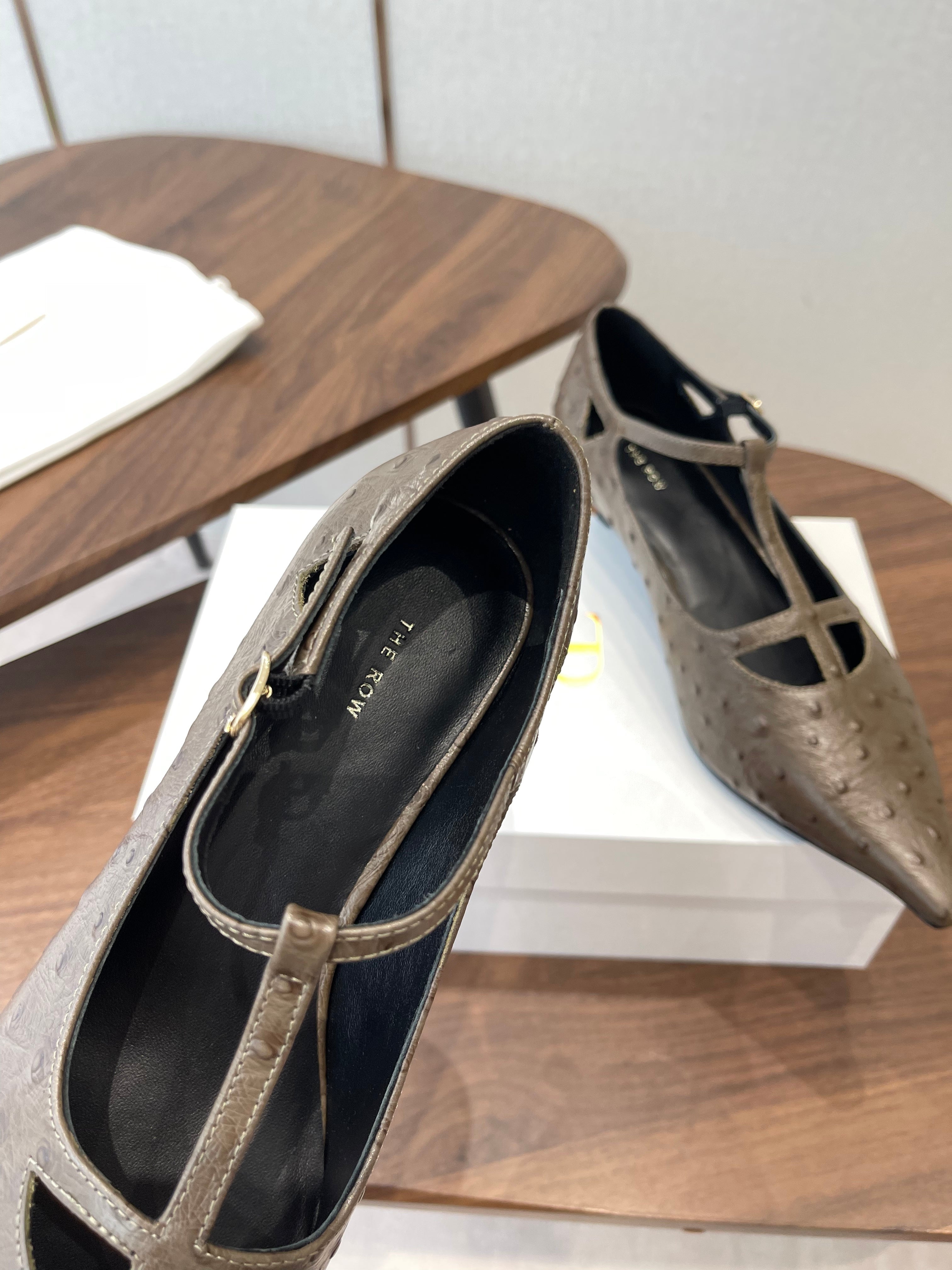THE ROW 26S POINTED TOE T STRAP PUMPS 35MM IN BROWN CALFSKIN