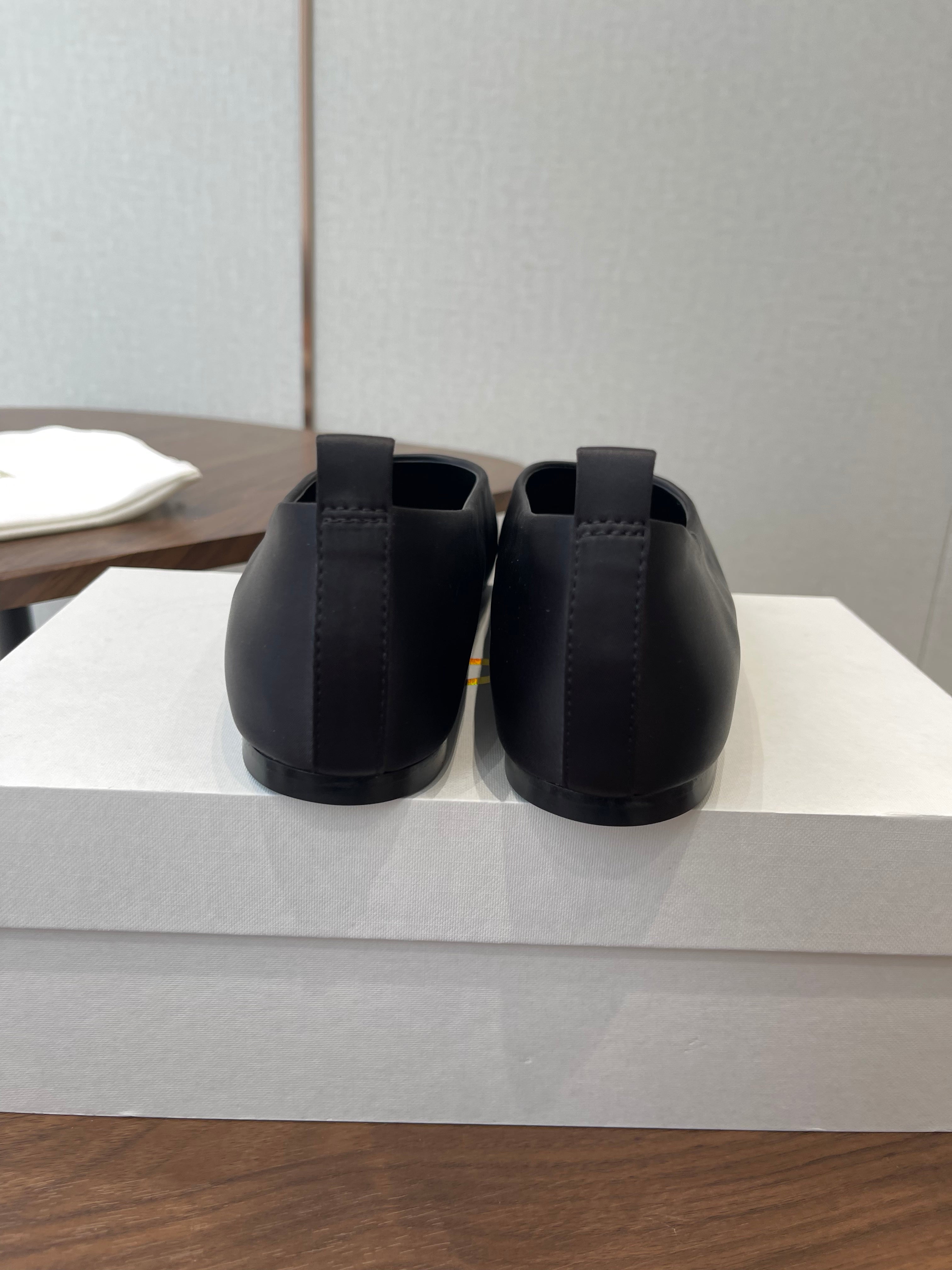 THE ROW 26S SQUARE TOE BALLET FLATS IN BLACK SATIN