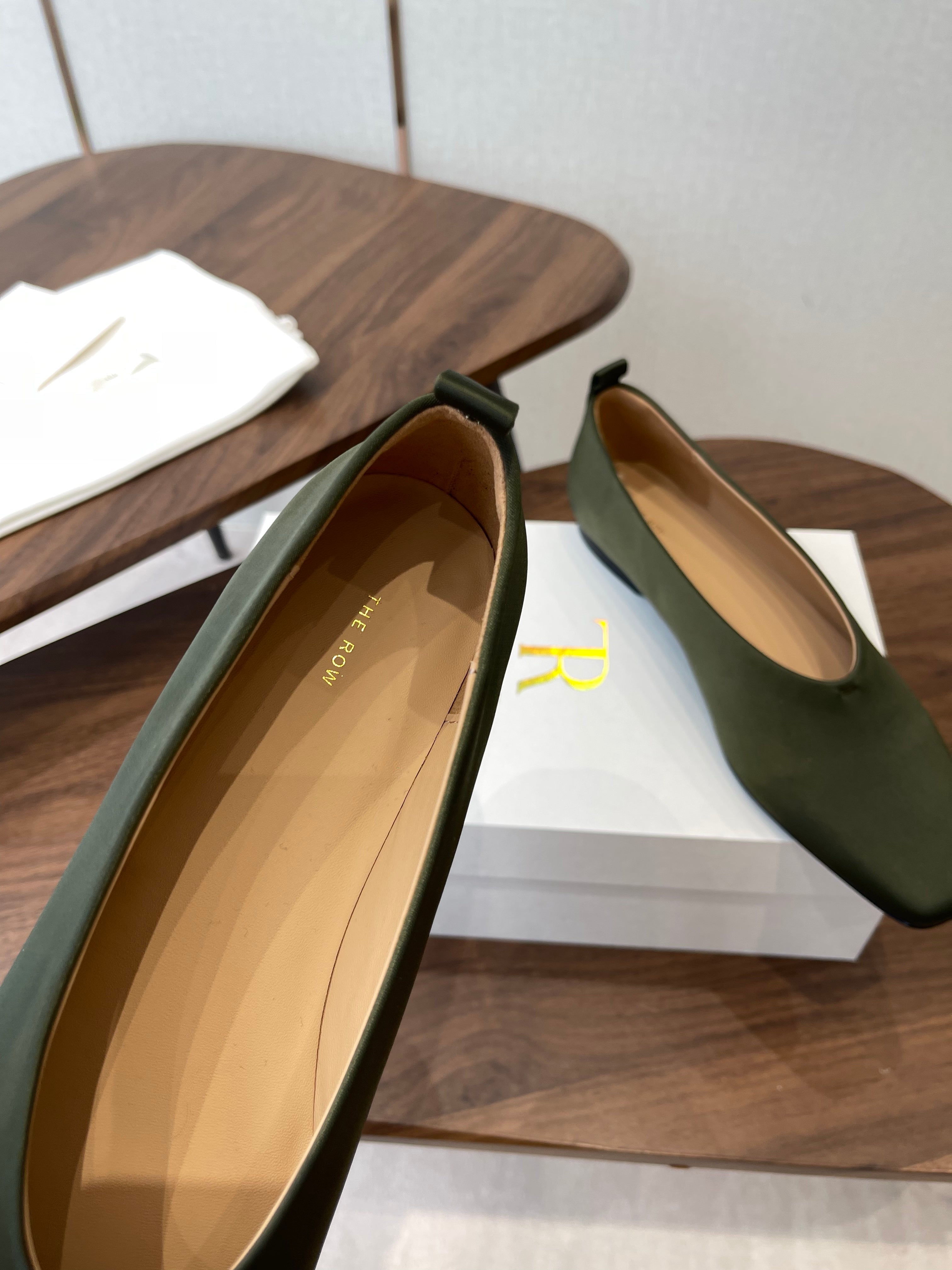 THE ROW 26S SQUARE TOE BALLET FLATS IN OLIVE GREEN SATIN