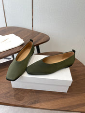 THE ROW 26S SQUARE TOE BALLET FLATS IN OLIVE GREEN SATIN