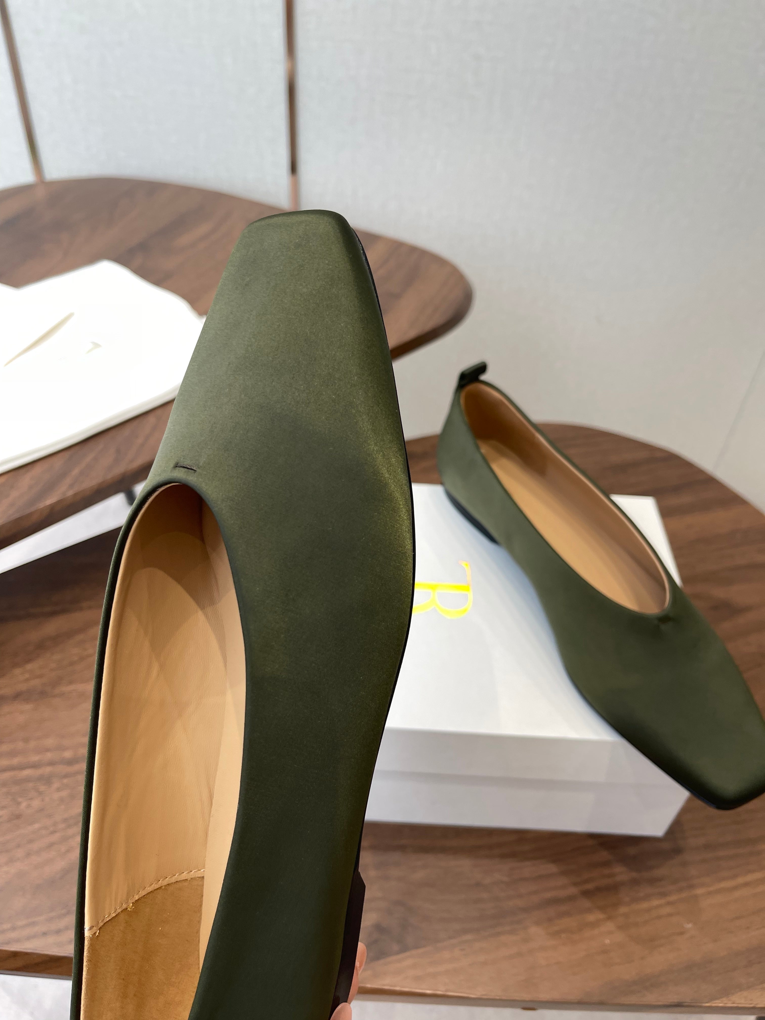 THE ROW 26S SQUARE TOE BALLET FLATS IN OLIVE GREEN SATIN
