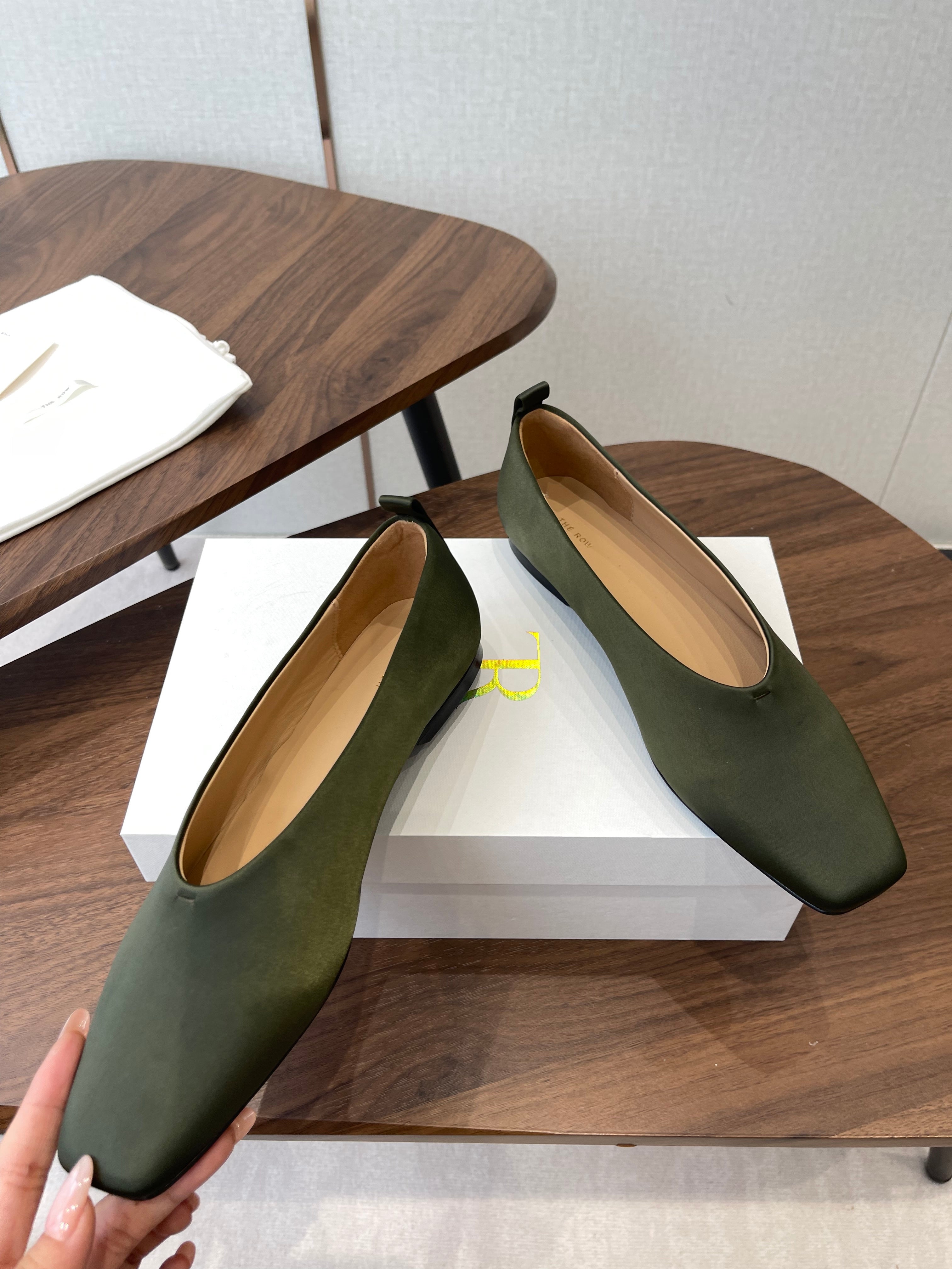 THE ROW 26S SQUARE TOE BALLET FLATS IN OLIVE GREEN SATIN