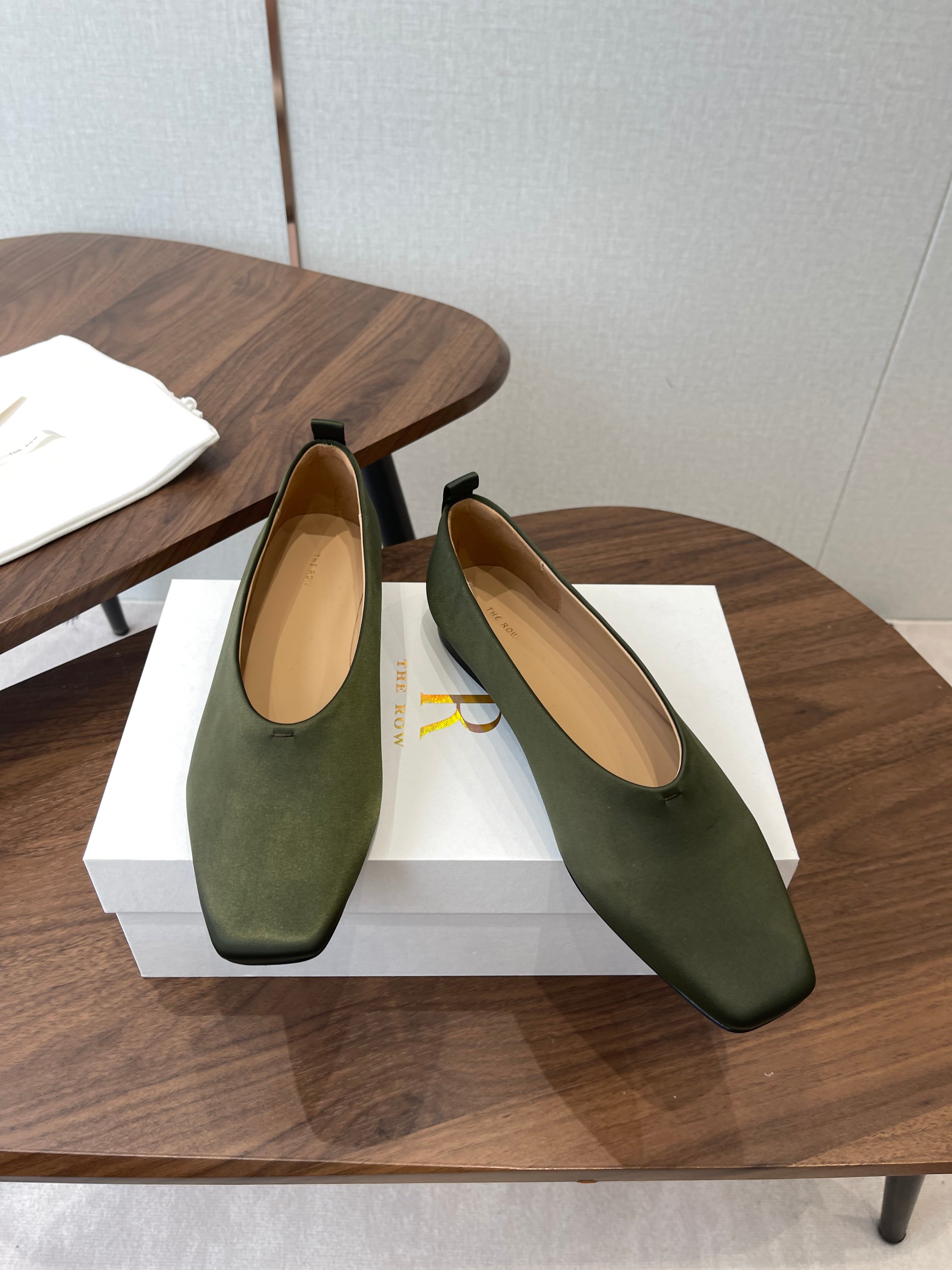 THE ROW 26S SQUARE TOE BALLET FLATS IN OLIVE GREEN SATIN