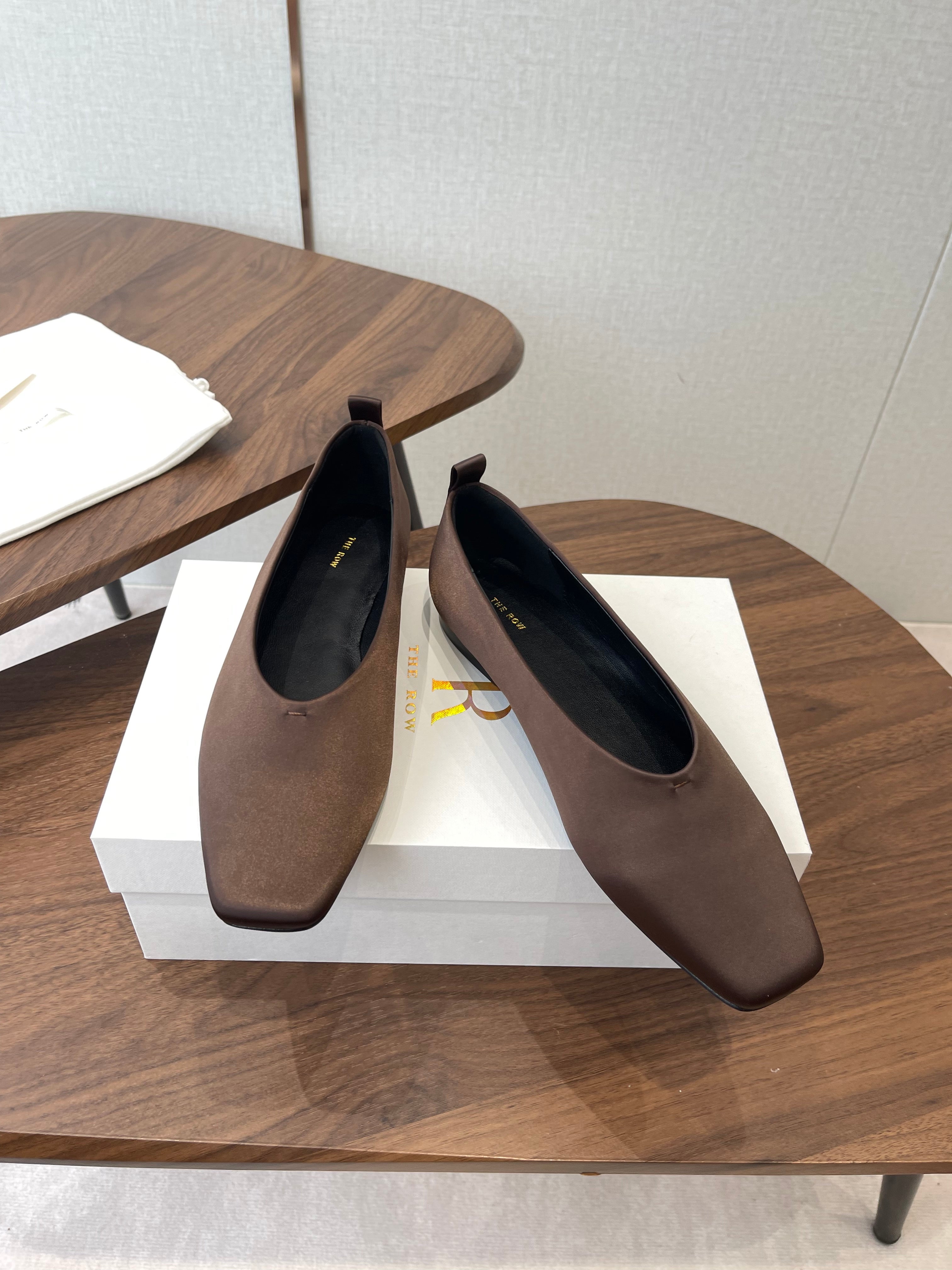THE ROW 26S SQUARE TOE BALLET FLATS IN DARK BROWN SATIN