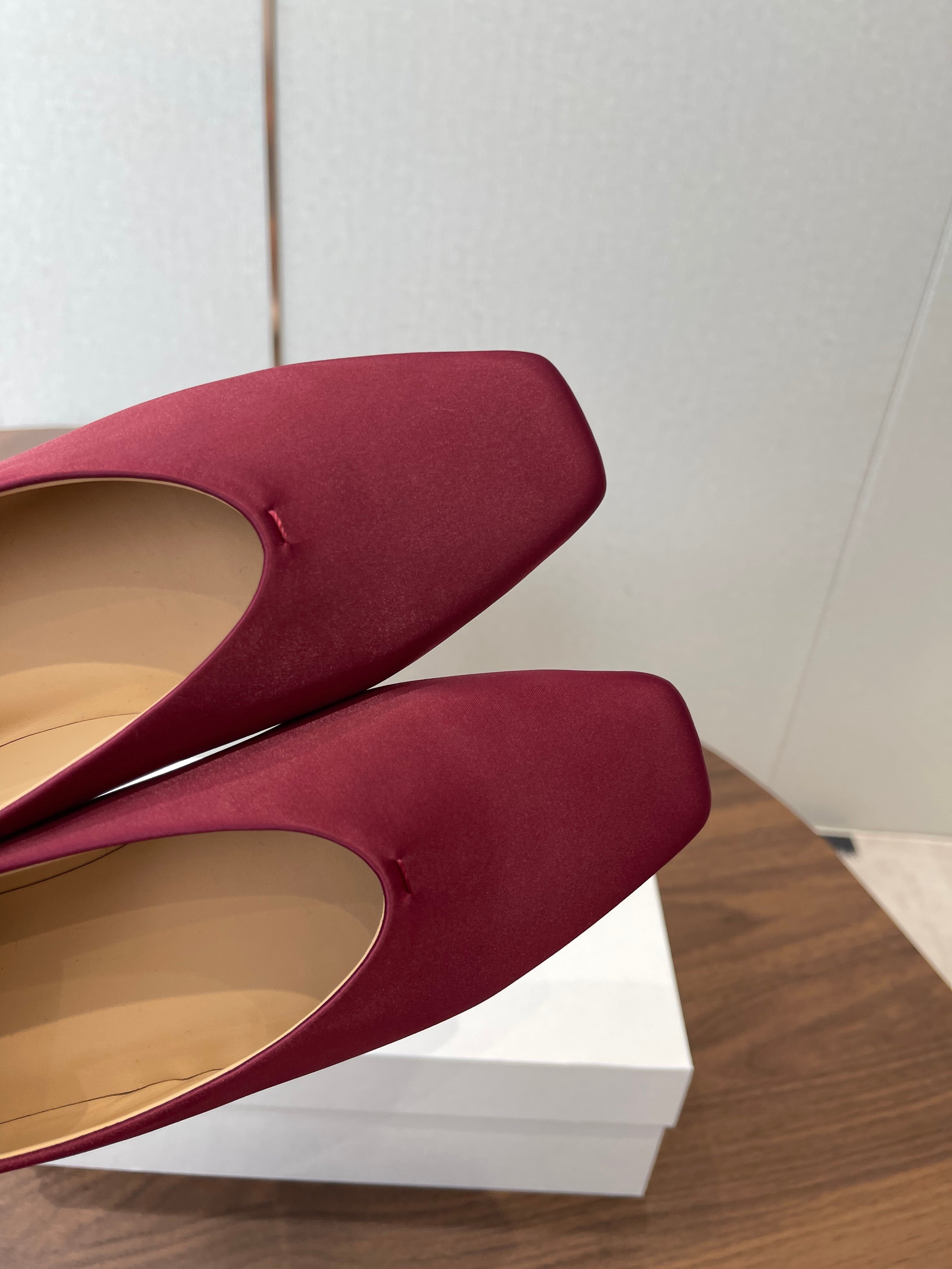 THE ROW 26S SQUARE TOE BALLET FLATS IN WINE RED SATIN