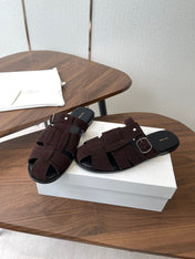 THE ROW 26S GLADIATOR SLIDE SANDALS IN DARK BROWN SUEDE