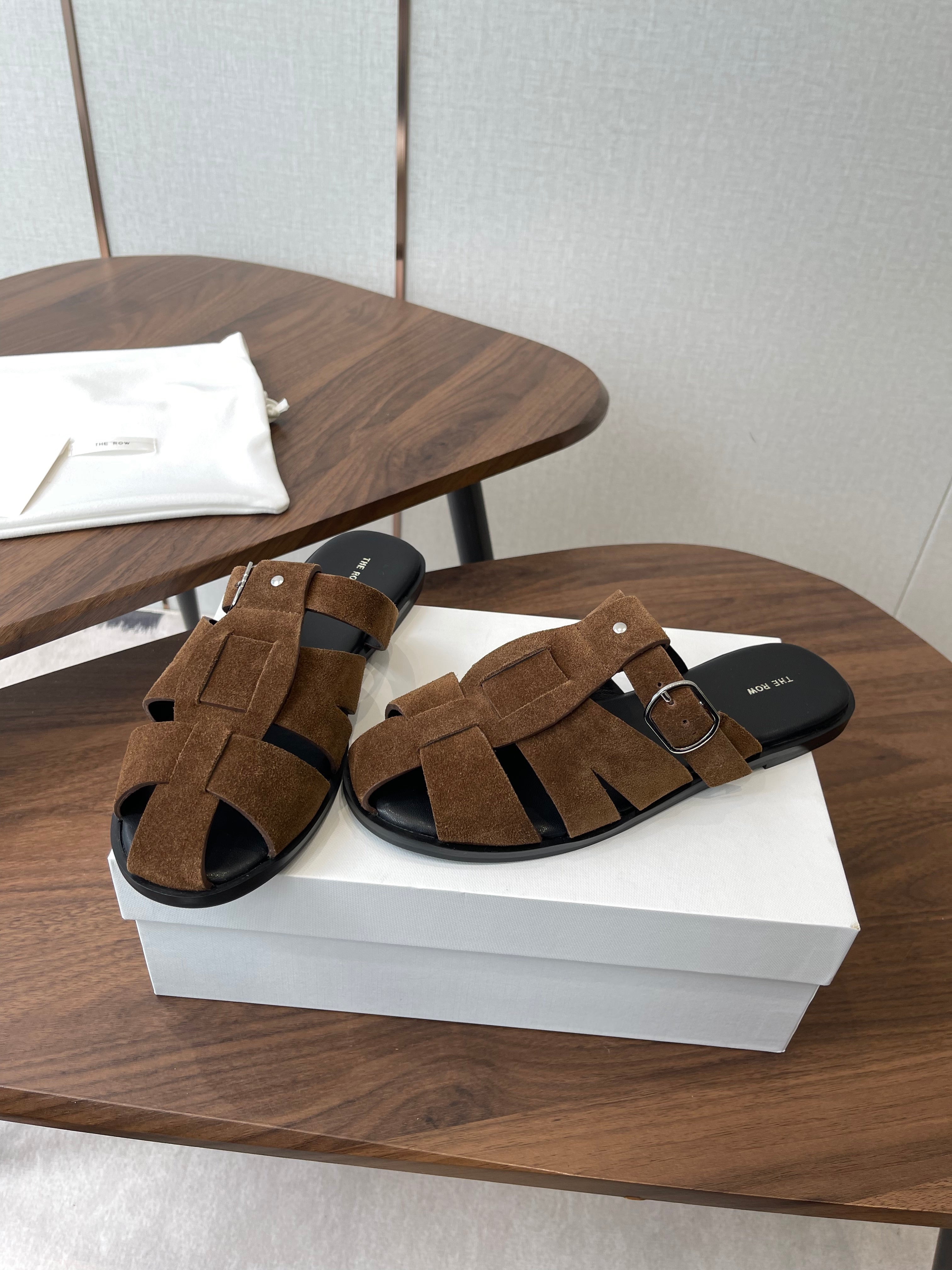 THE ROW 26S GLADIATOR SLIDE SANDALS IN BROWN SUEDE