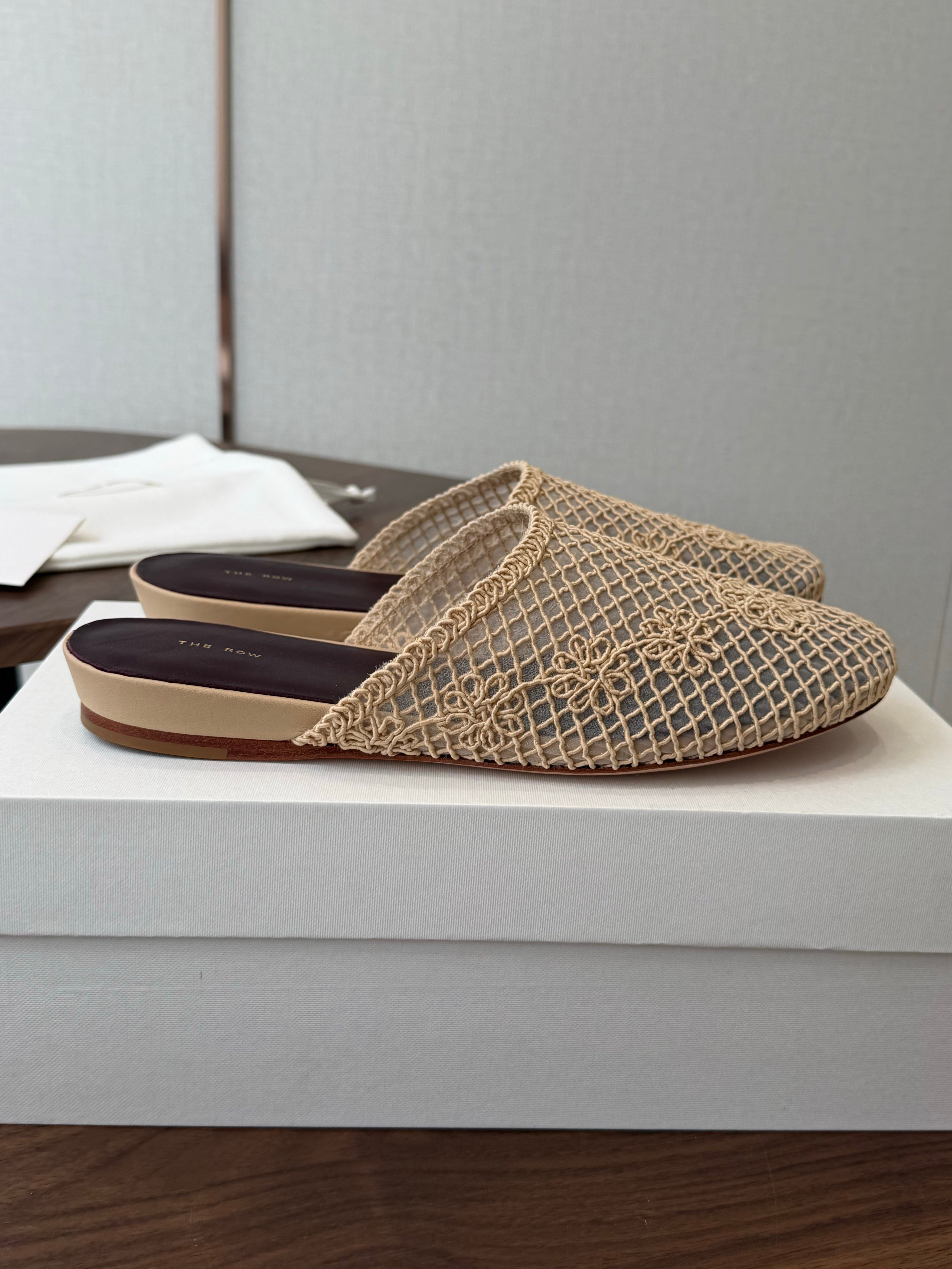 THE ROW 26S MULE FLATS IN BEIGE CROCHET MESH
