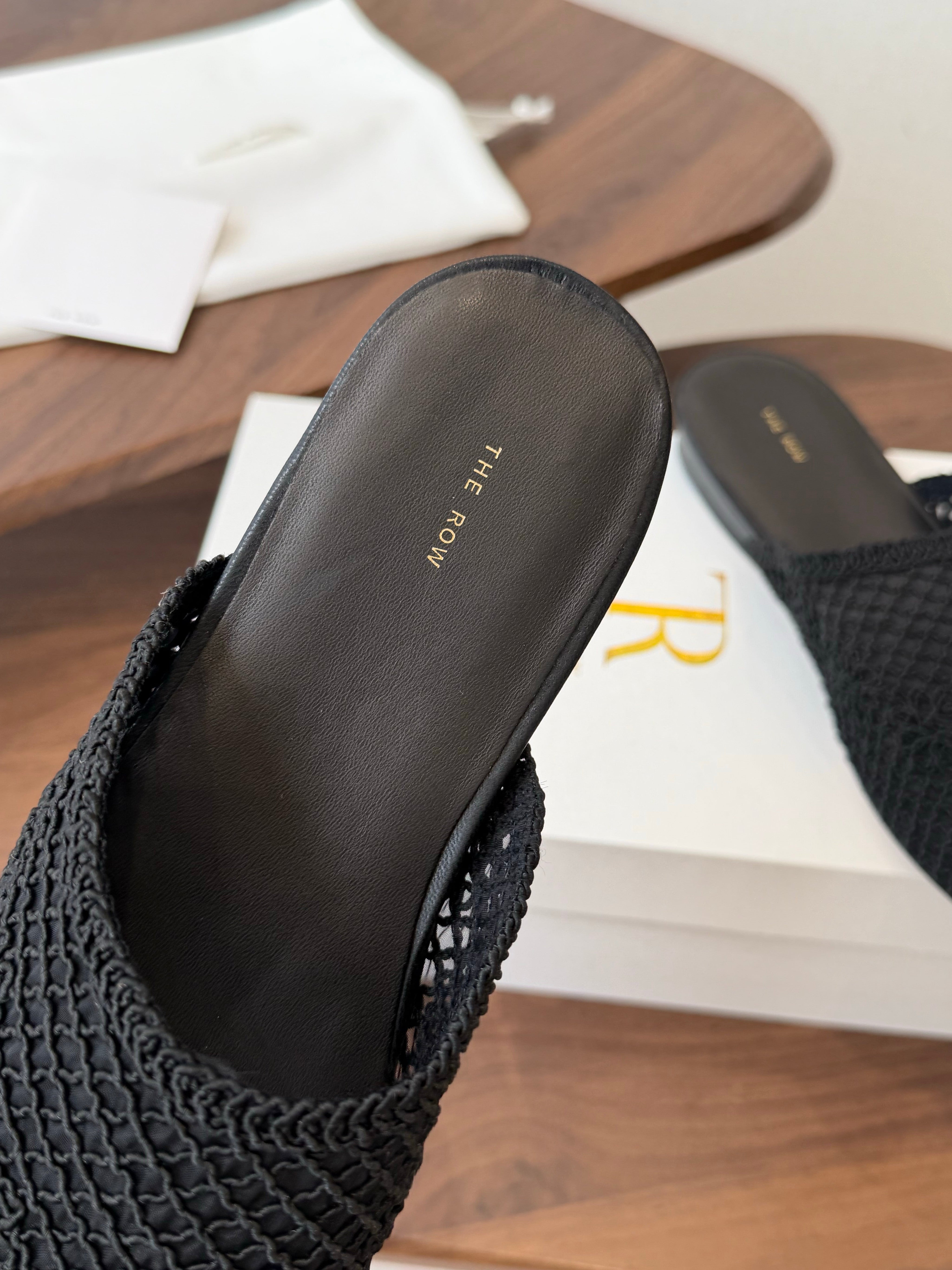 THE ROW 26S MULE FLATS IN BLACK CROCHET MESH