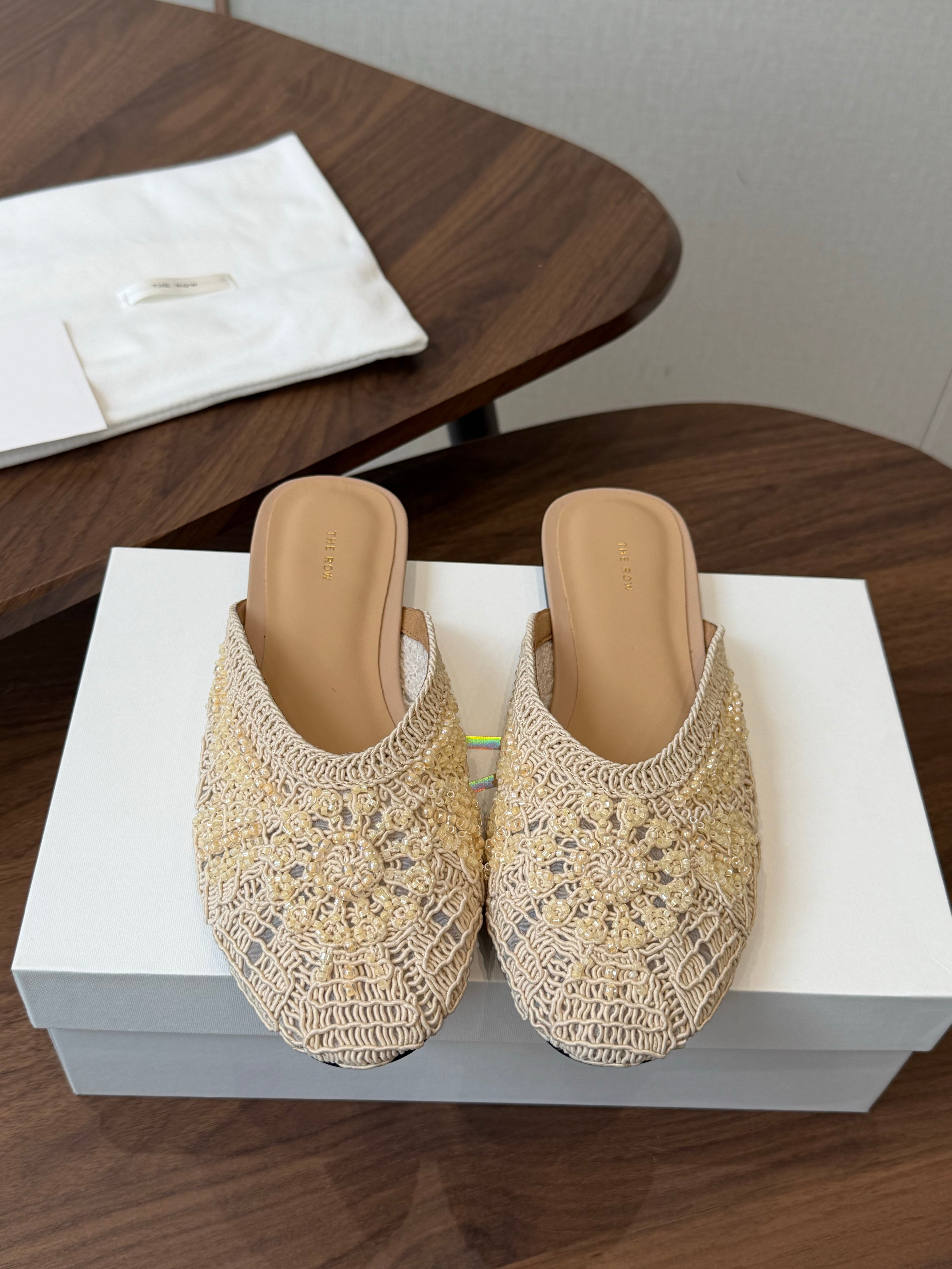 THE ROW 26S PEARL EMBELLISHED CROCHET MULE FLATS IN IVORY WHITE