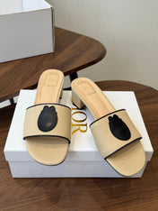 DIOR 26S D-BADGE SLIDE SANDALS IN BEIGE CANVAS AND BLACK CALFSKIN