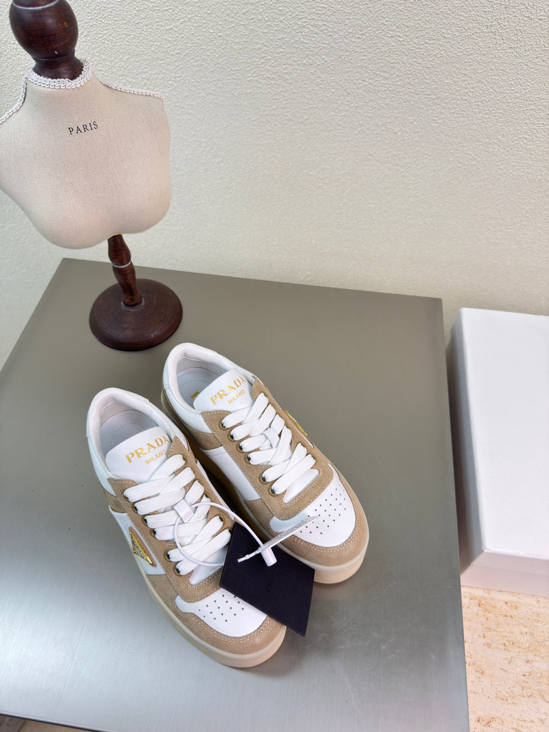 PRADA 26S DOWNTOWN THICK SOLE SNEAKERS IN WHITE CALFSKIN AND BROWN SUEDE