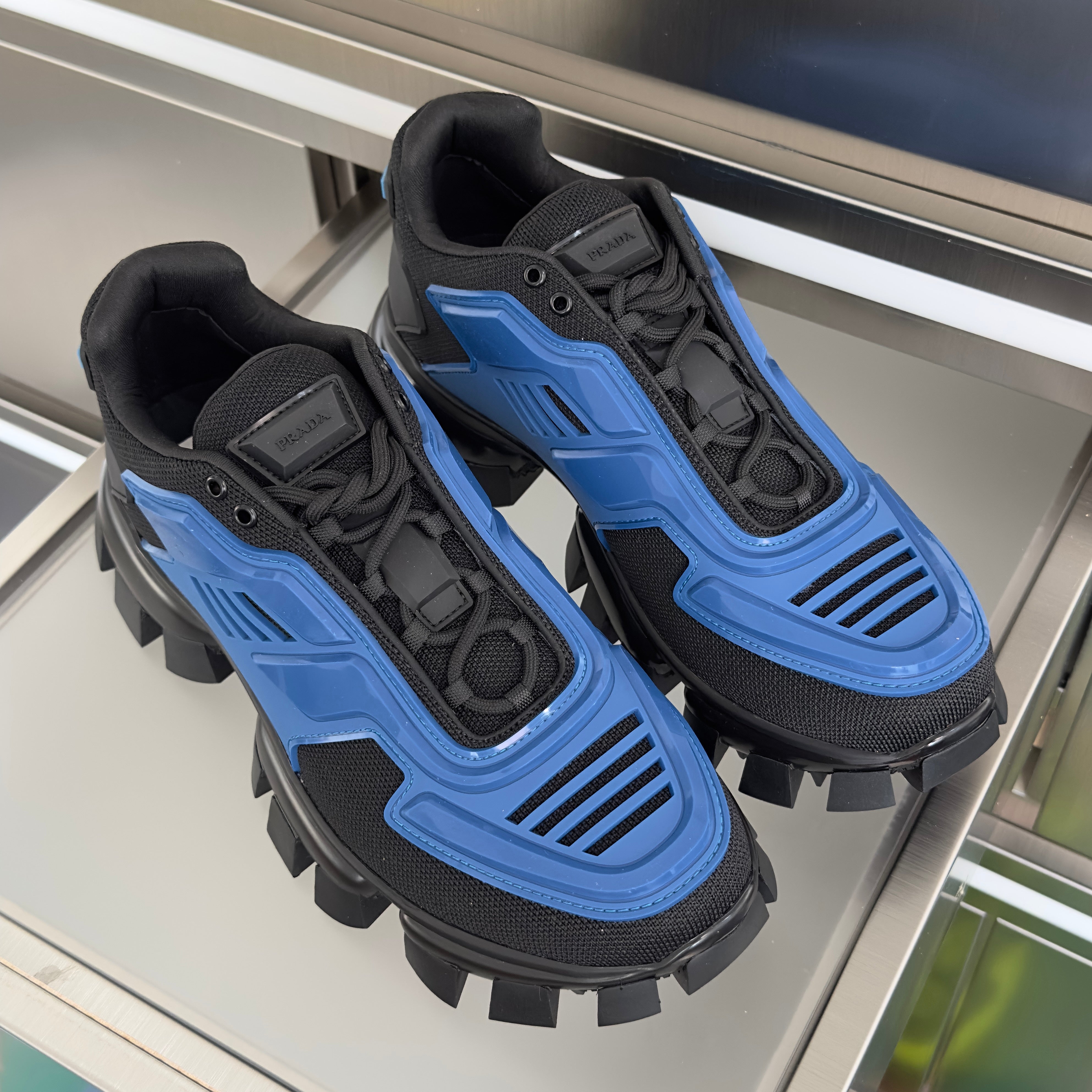 PRADA 26S CLOUDBUST THUNDER SNEAKERS 60MM IN DARK BLUE MESH FABRIC AND TPU