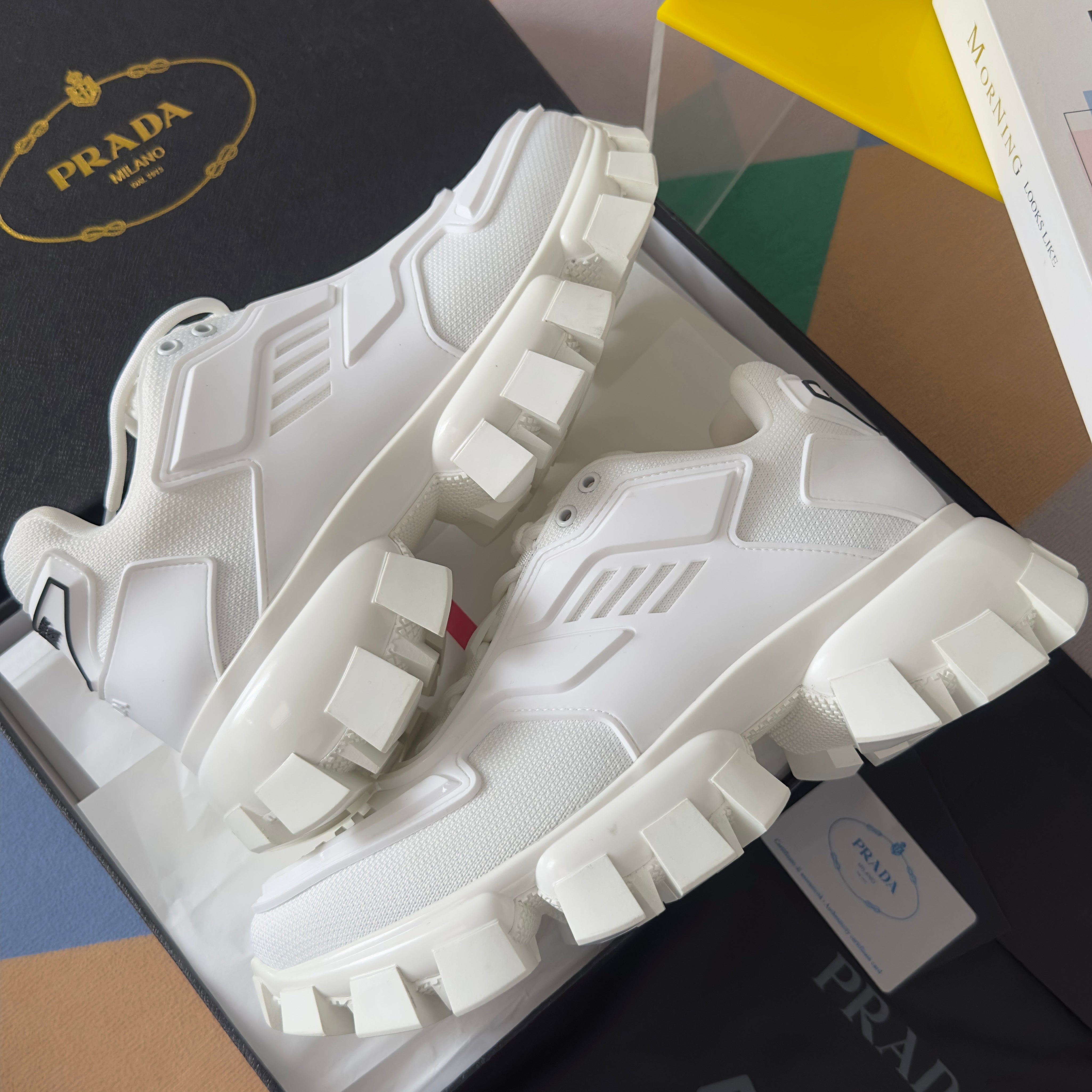 PRADA 26S CLOUDBUST THUNDER SNEAKERS 60MM IN WHITE MESH FABRIC AND TPU