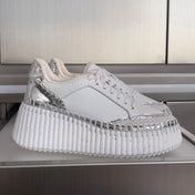 CHLOÉ 26S WEDGE SNEAKERS 70 MM IN WHITE AND SILVER CALFSKIN