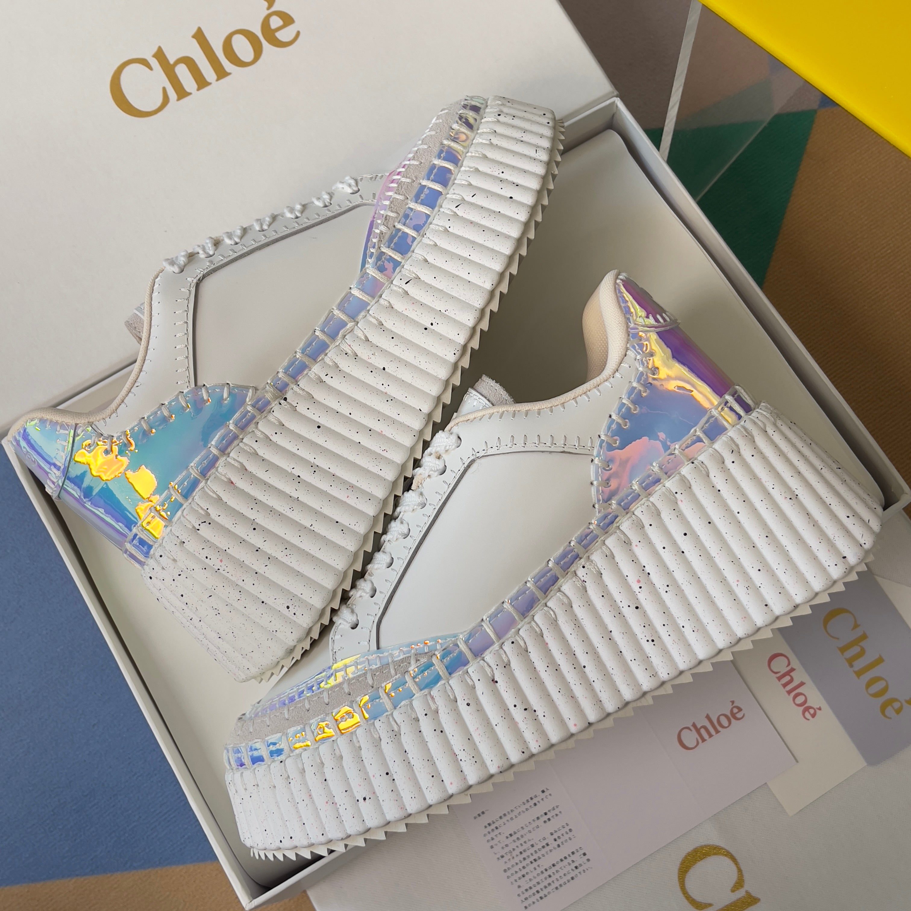 CHLOÉ 26S WEDGE SNEAKERS 70 MM IN WHITE CALFSKIN AND HOLOGRAM