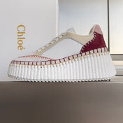 CHLOÉ 26S WEDGE SNEAKERS 70 MM IN WHITE CALFSKIN AND DARK RED SUEDE