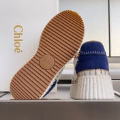 CHLOÉ 26S WEDGE SNEAKERS 70 MM IN WHITE CALFSKIN AND NAVY BLUE SUEDE