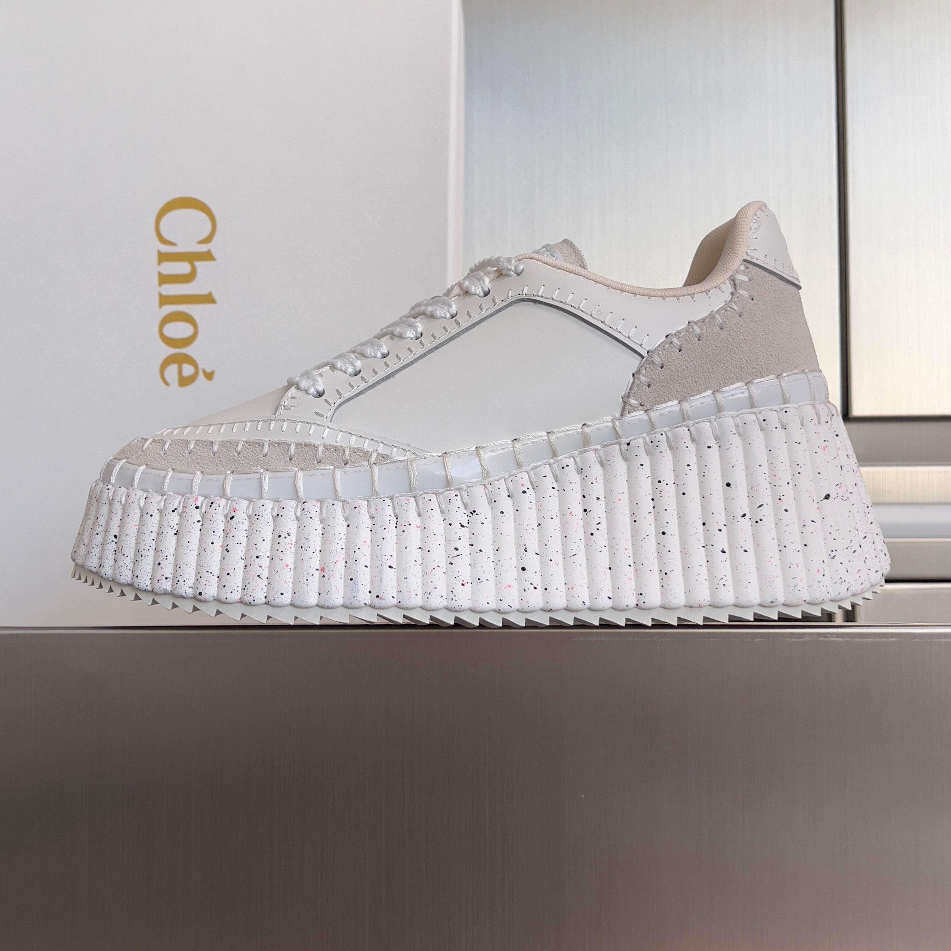 CHLOÉ 26S WEDGE SNEAKERS 70 MM IN WHITE CALFSKIN