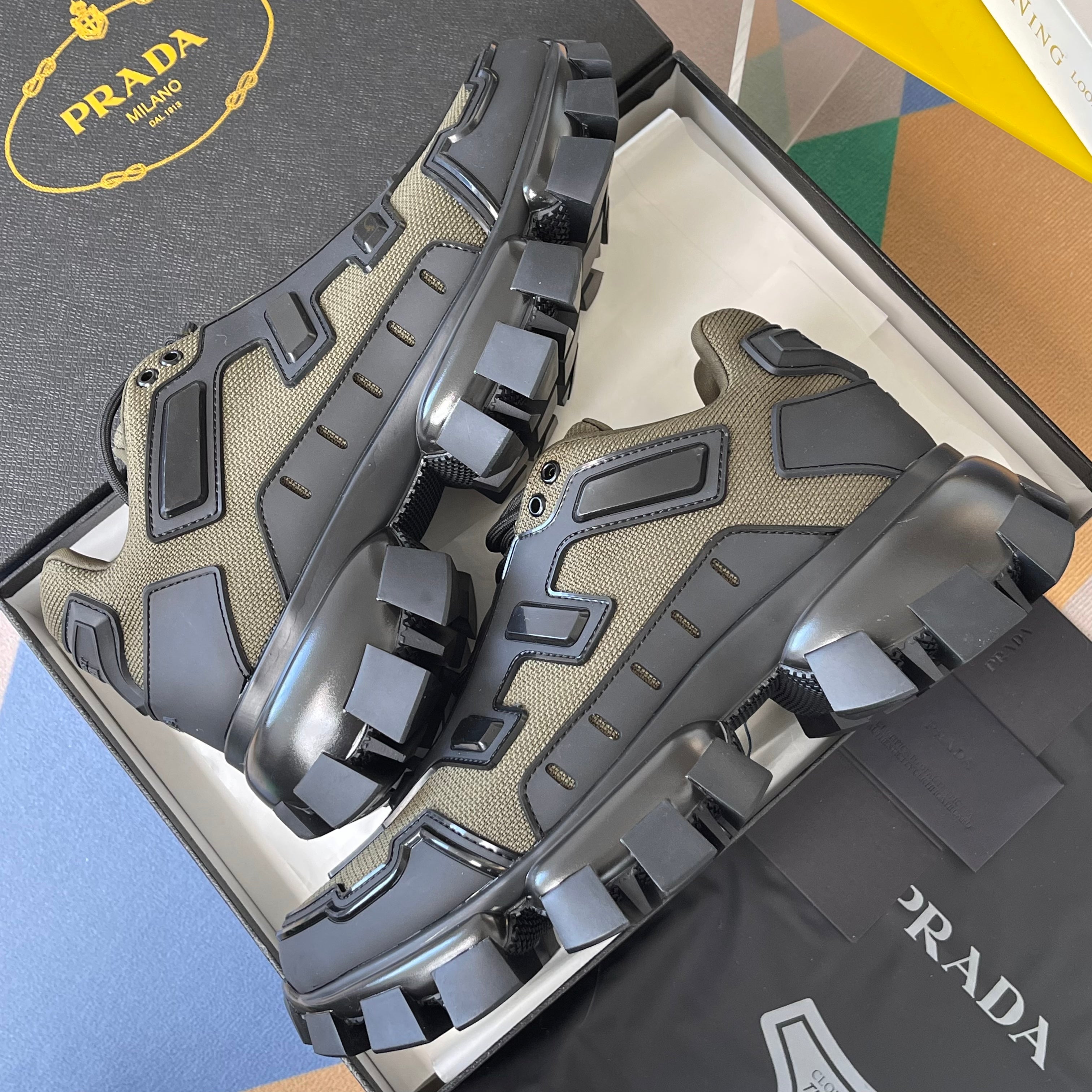 PRADA 26S CLOUDBUST THUNDER SNEAKERS 60MM IN OLIVE BROWN MESH FABRIC